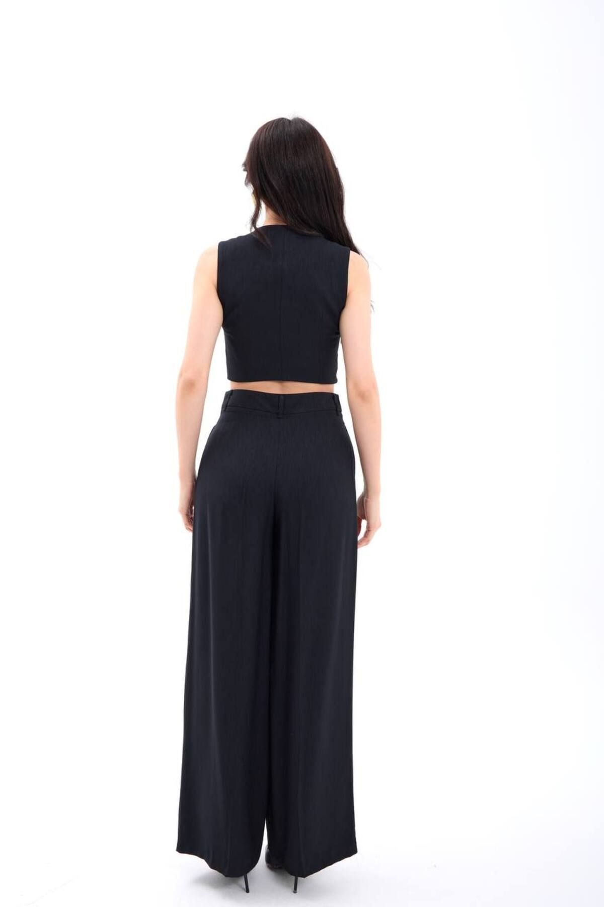 Castivo Fashion Cepli Yüksek Bel Palazzo Pantolon & Düğmeli Crop Yelek Takım