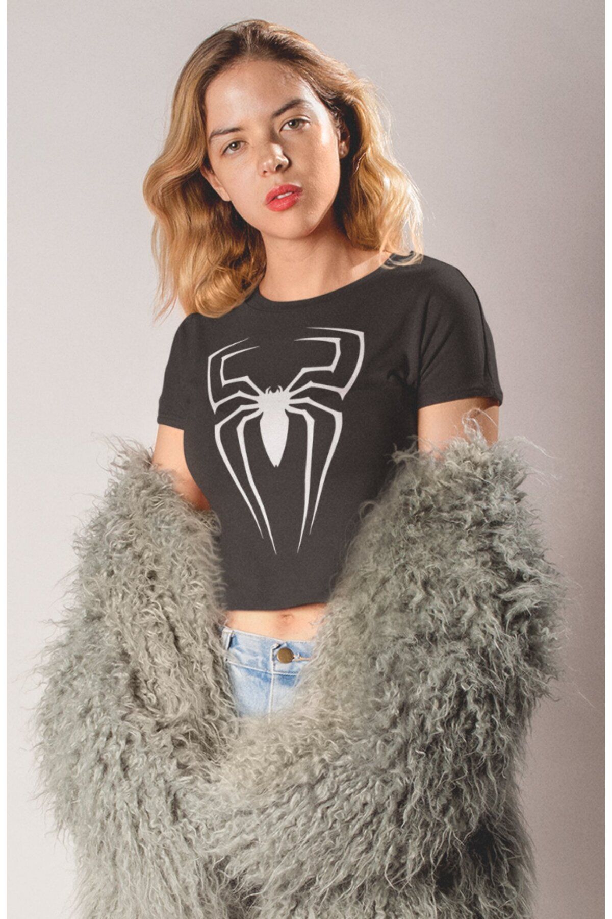 Fuddy Moda Örümcek Baskılı Crop Top, Kadın Spider Temalı Crop Bluz