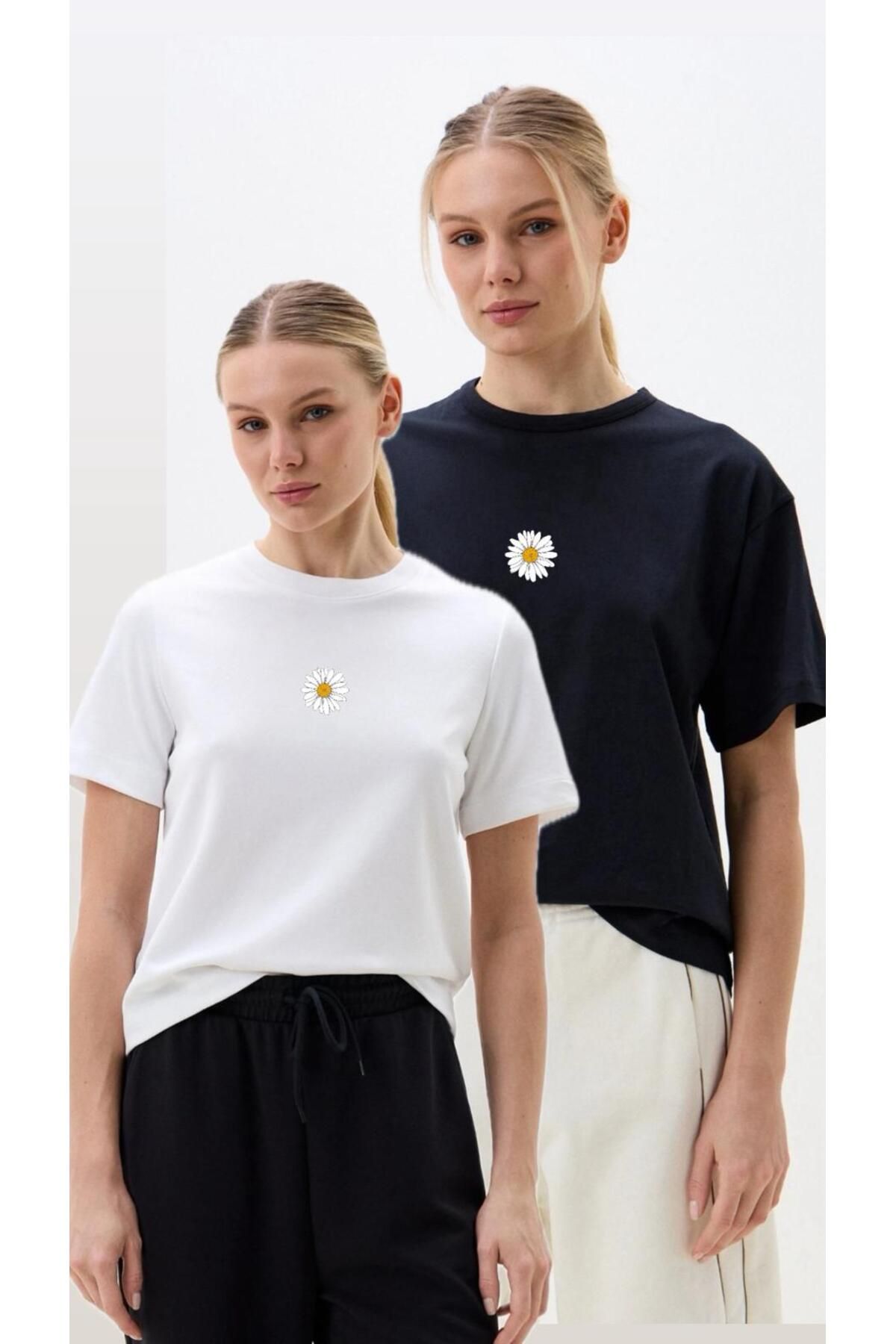 woonkey KADIN OVERSİZE PAPATYA BASKILI BİSİKLET YAKA RAHAT KALIP 2 ADET T-SHIRT AVANTAJLI PAKET