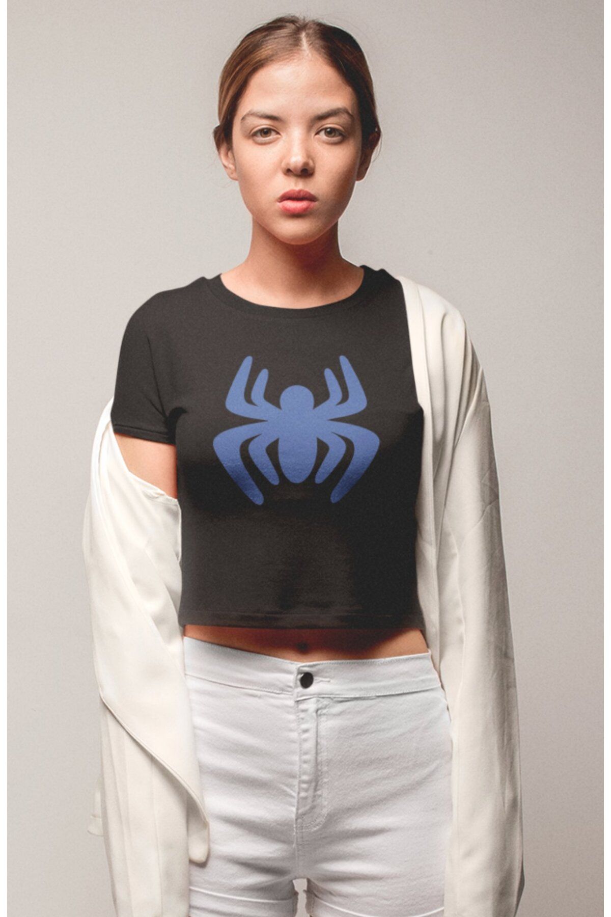Fuddy Moda Sevimli Mavi Örümcek Baskılı Crop Top, Kadın Spider Temalı Crop Bluz