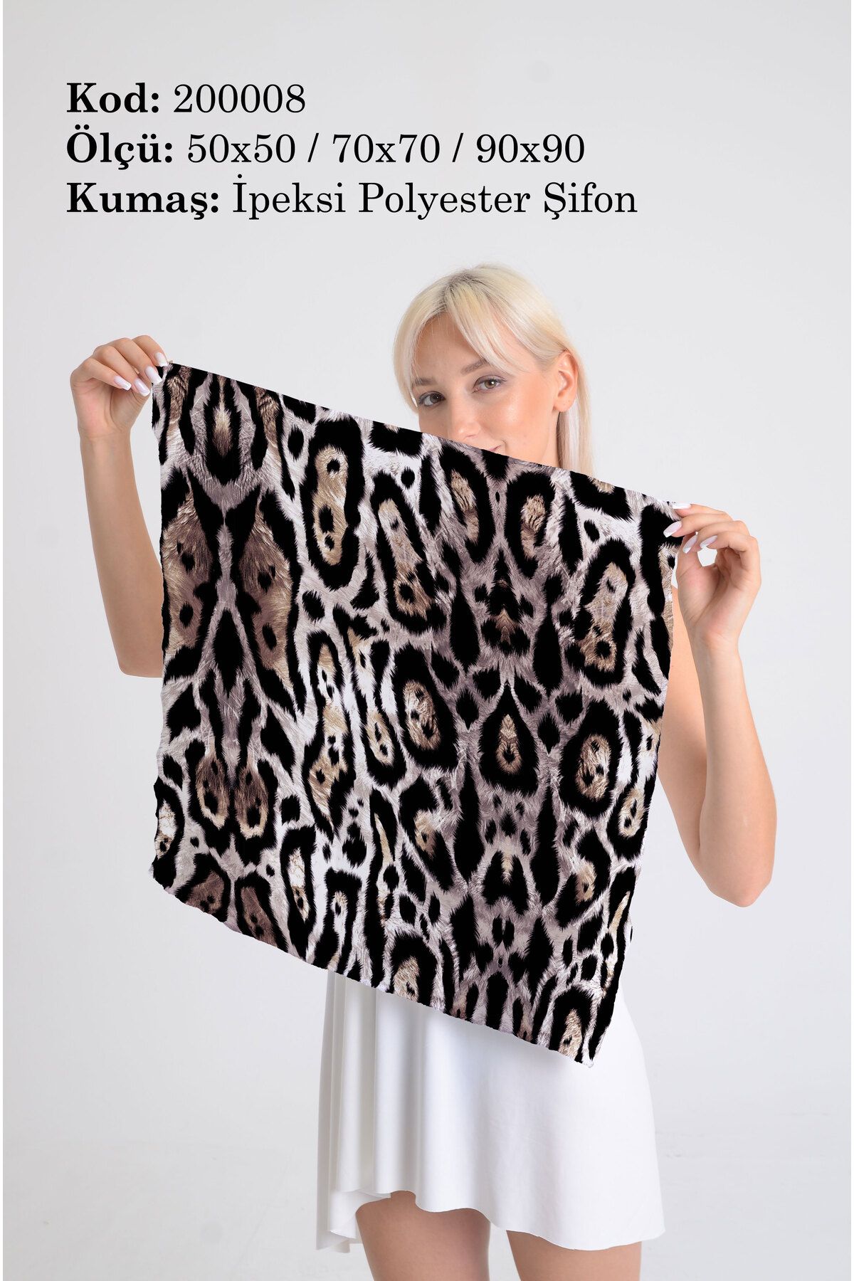 DESENİX Büyük Leopar Dokulu Desenli İpeksi Şifon Fular - Şal, Eşarp, Boyunluk - 50x50, 70x70, 90x90 cm