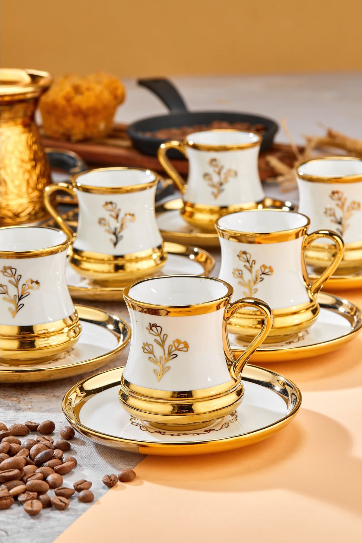 Yaren Style 6'lı Lüks Porselen Türk Kahvesi Fincan Takımı – Altın Yaldızlı 90 ML