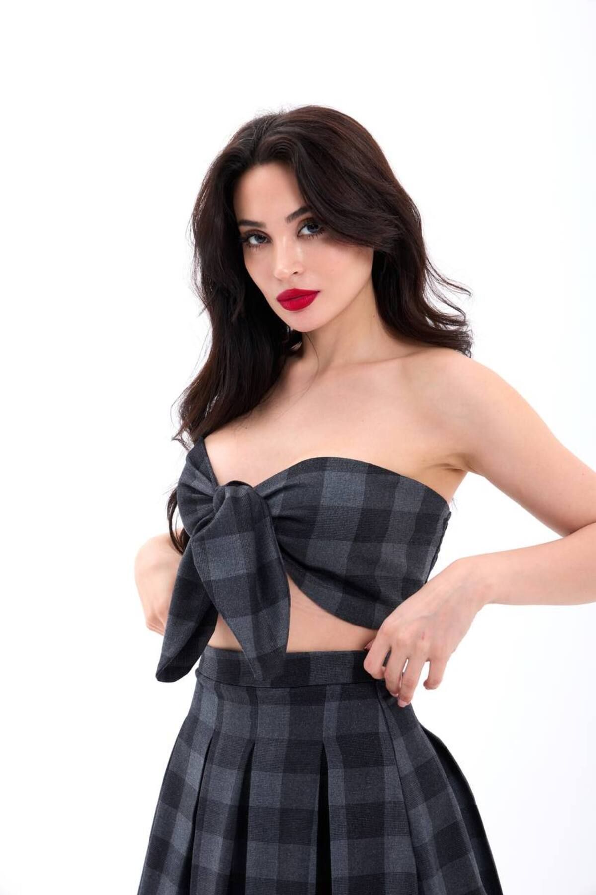 Castivo Fashion Ekose Pileli Mini Etek & Bağlamalı Straplez Büstiyer İkili Takım