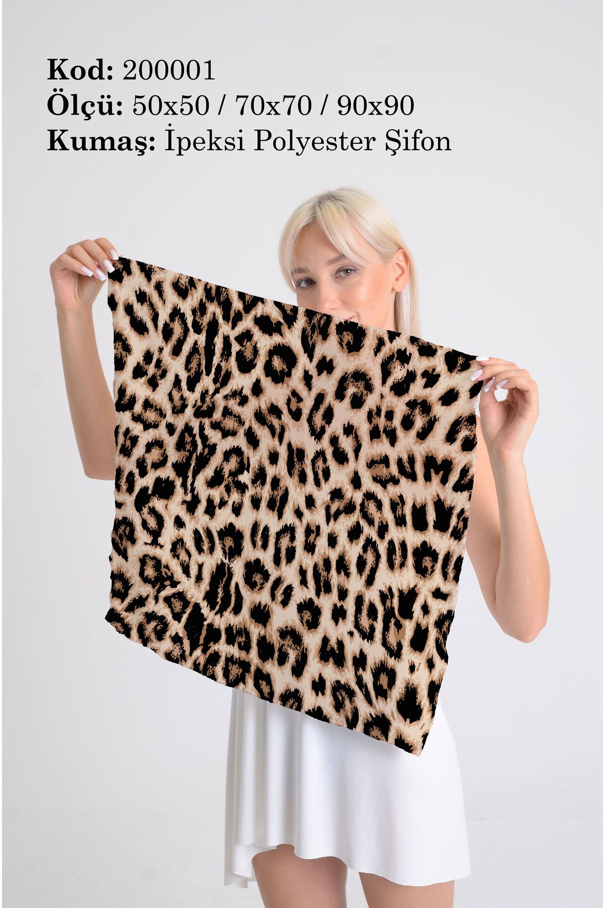 DESENİX Modern Leopar Desenli İpeksi Şifon Fular - Şal, Eşarp, Boyunluk - 50x50, 70x70, 90x90 cm