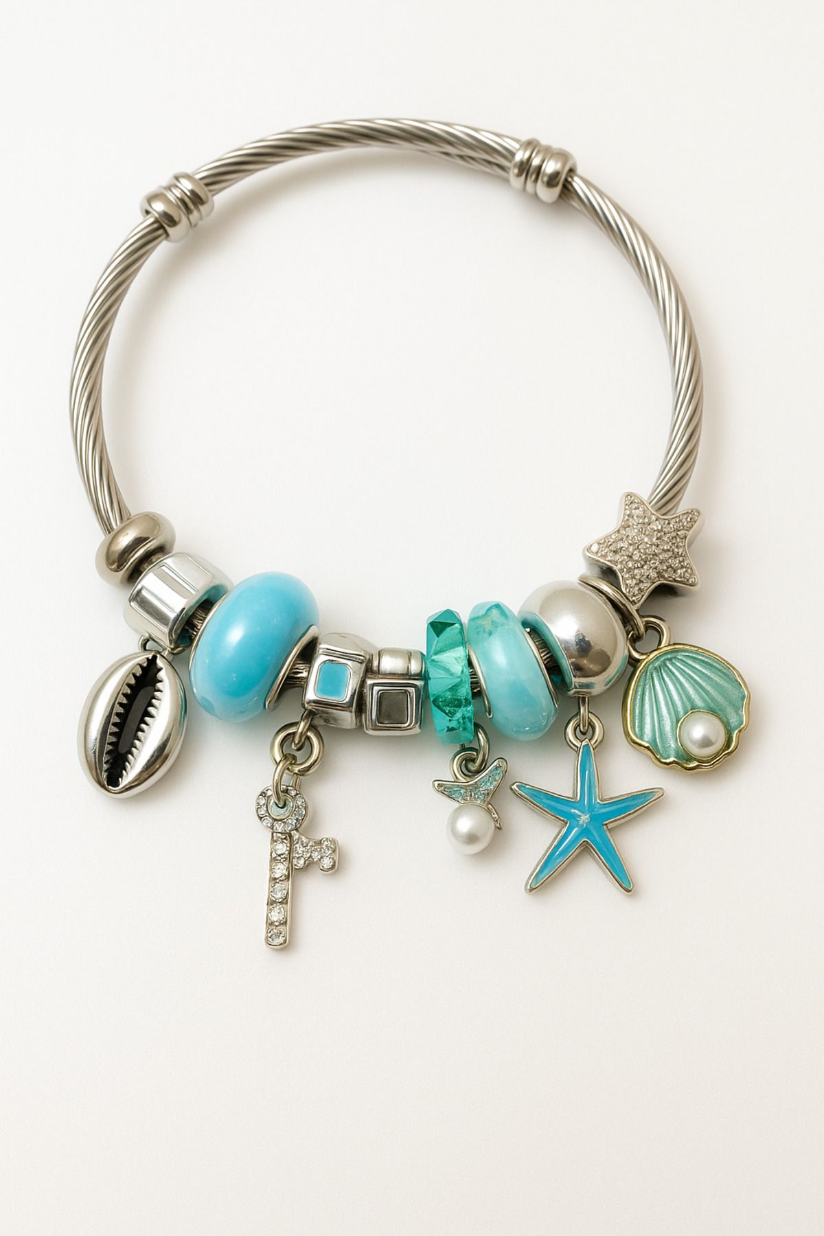 MakeWell Charm'lı Çelik Kiraz Çilek Kelebek Deniz Kabuğu Kalp Yıldız Tasarımlı Charm'lı Çelik Bileklikler