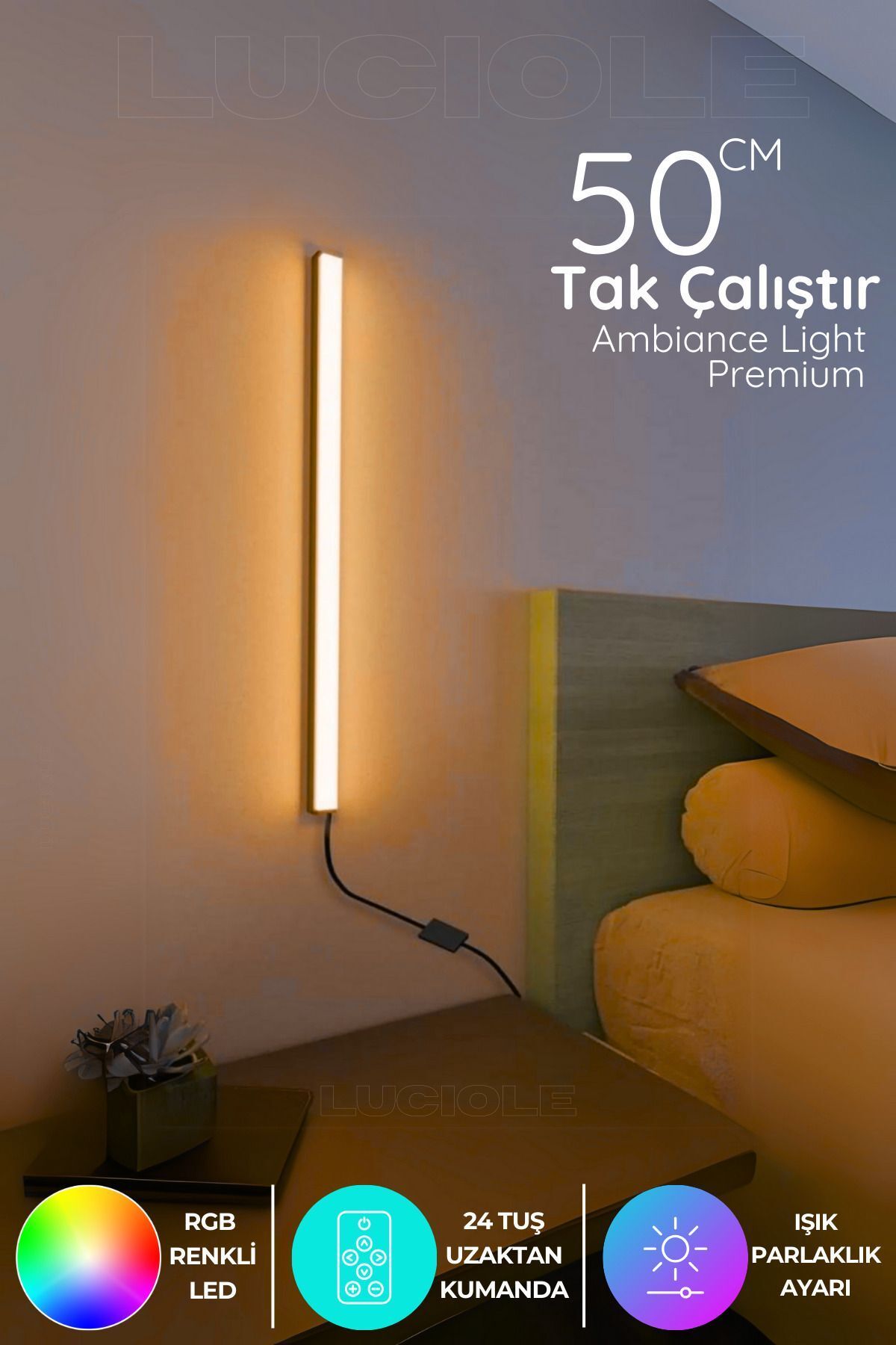 teknotrust Uzaktan Kumandalı Led Abajur - Yatak Üstü, Tv Yanı ,oturma Odası - Rgb Çok Renkli 50 Cm Minia2