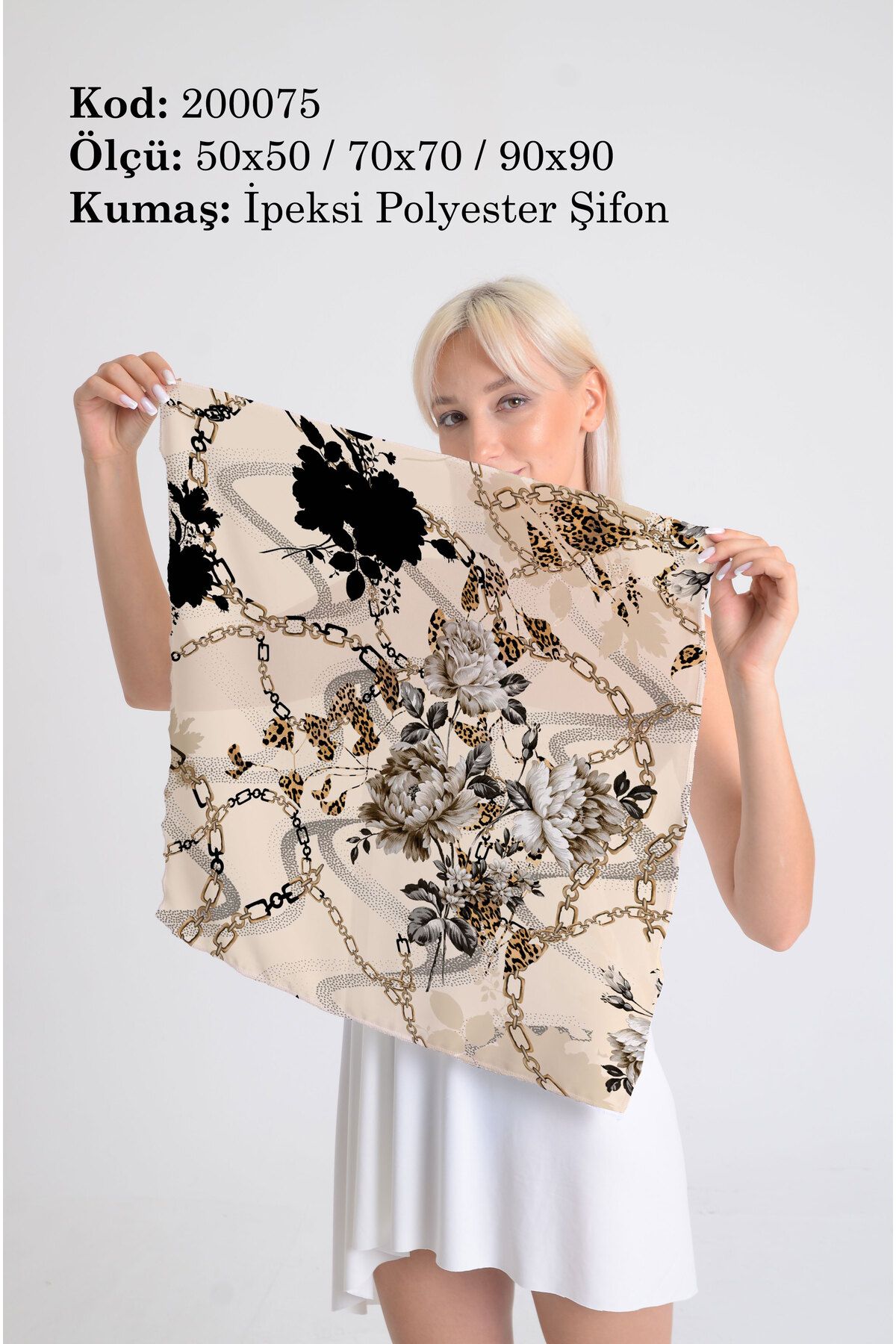 DESENİX Leopar Çiçek ve Zincir Desenli İpeksi Şifon Fular - Şal, Eşarp, Boyunluk - 50x50, 70x70, 90x90 cm