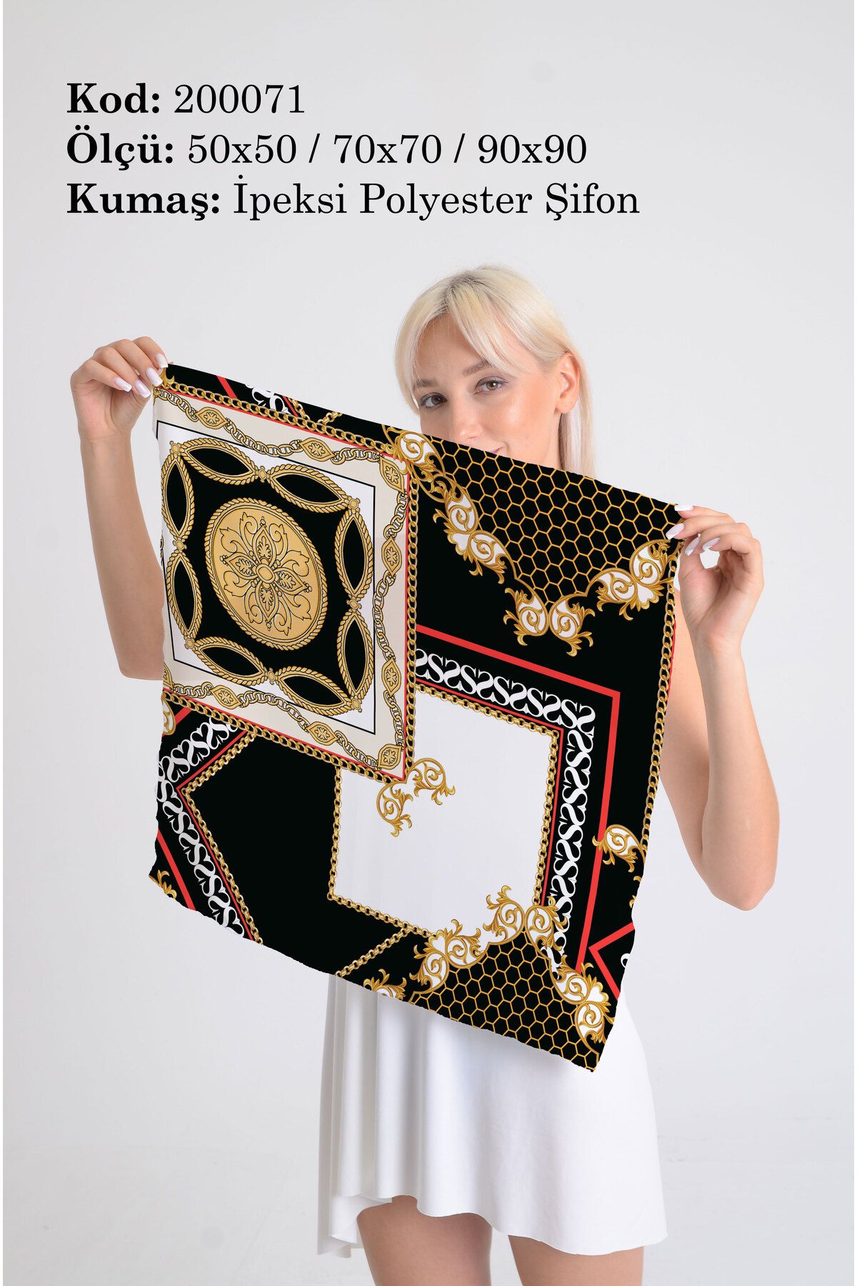 DESENİX Barok ve Patchwork Desenli İpeksi Şifon Fular - Şal, Eşarp, Boyunluk - 50x50, 70x70, 90x90 cm