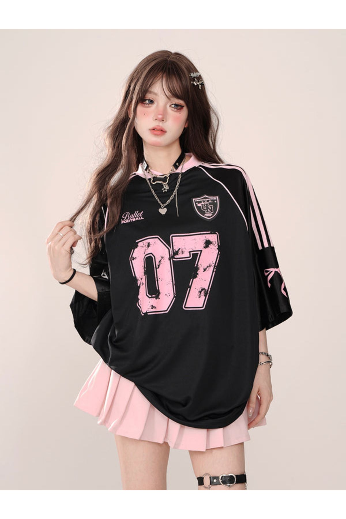 Touz Moda Ribbon 07 Pink Oversize Unisex Jersey Forma T-Shirt