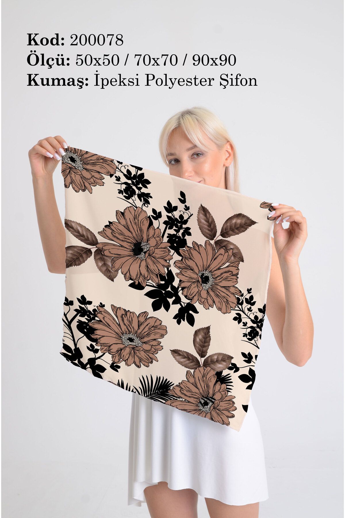 DESENİX Retro Çiçekler Desenli İpeksi Şifon Fular - Şal, Eşarp, Boyunluk - 50x50, 70x70, 90x90 cm