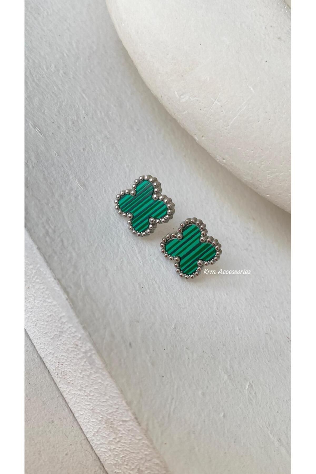 melif accesories Yonca Model Yeşil Renk Detaylı Gümüş Küpe - Zarif ve Şık Takı - Yüksek Kaliteli Takı Tasarımı