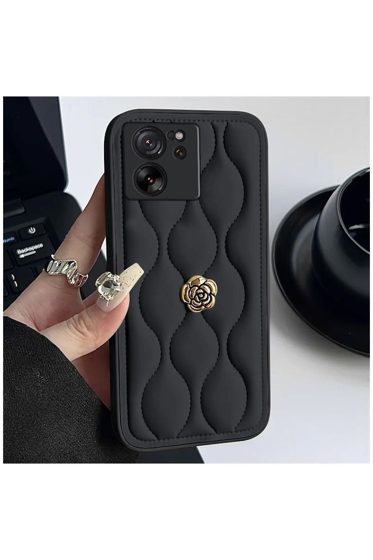 Pro Aksesuar Xiaomi Mi 13T Uyumlu Kılıf Çiçekli Dalgalı Deri Kılıf Siyah