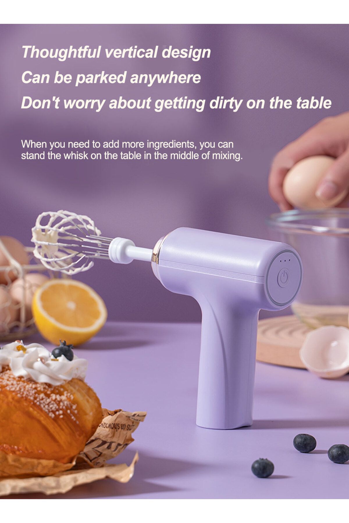 Sunhome-Hand Mixer, Cordless Electric Whisk with 3-Speed Self-Control, for Butter Tarts, Cakes, Cookies 3