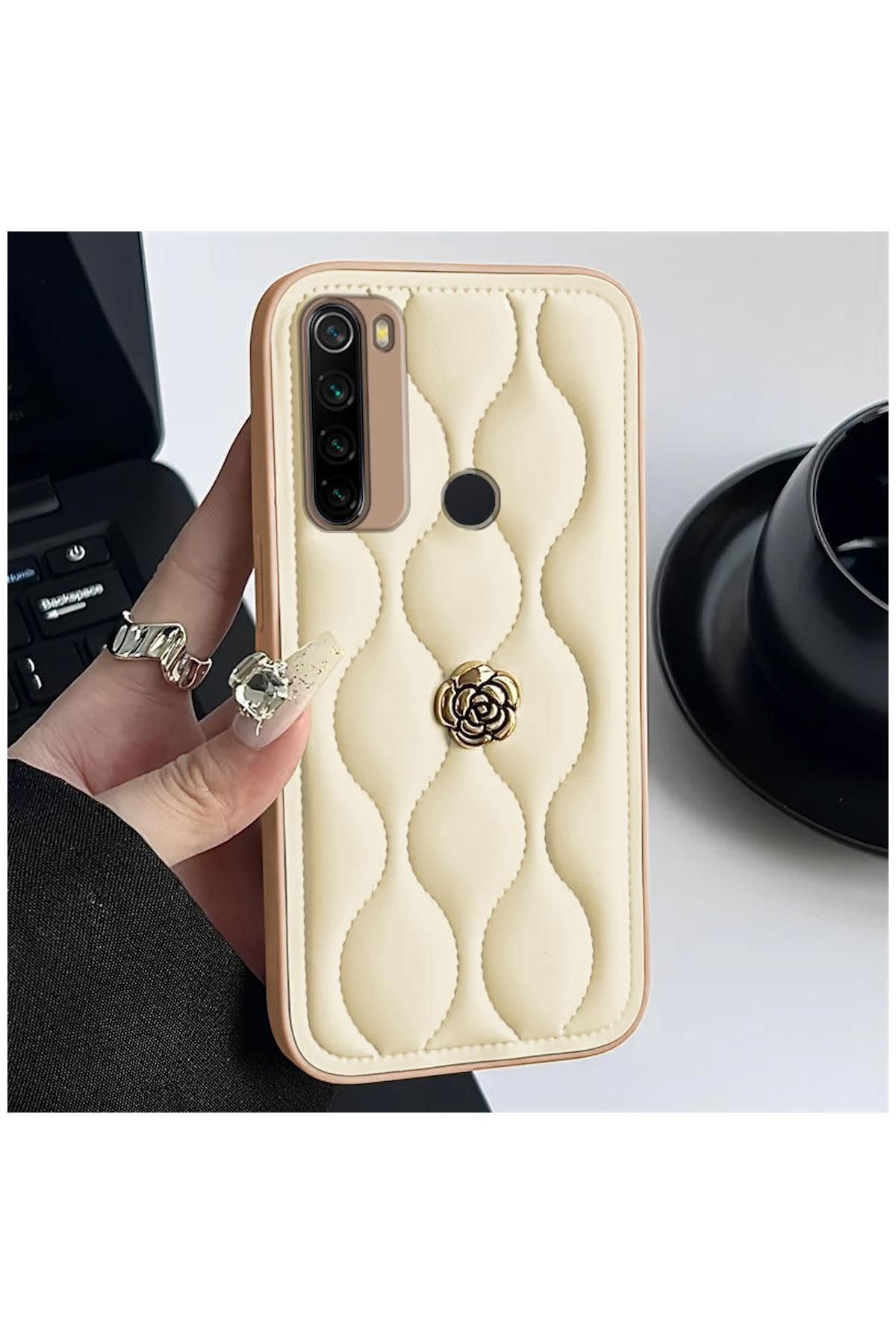 Pro Aksesuar Xiaomi Redmi Note 8 Uyumlu Kılıf Çiçekli Dalgalı Deri Kılıf Bej
