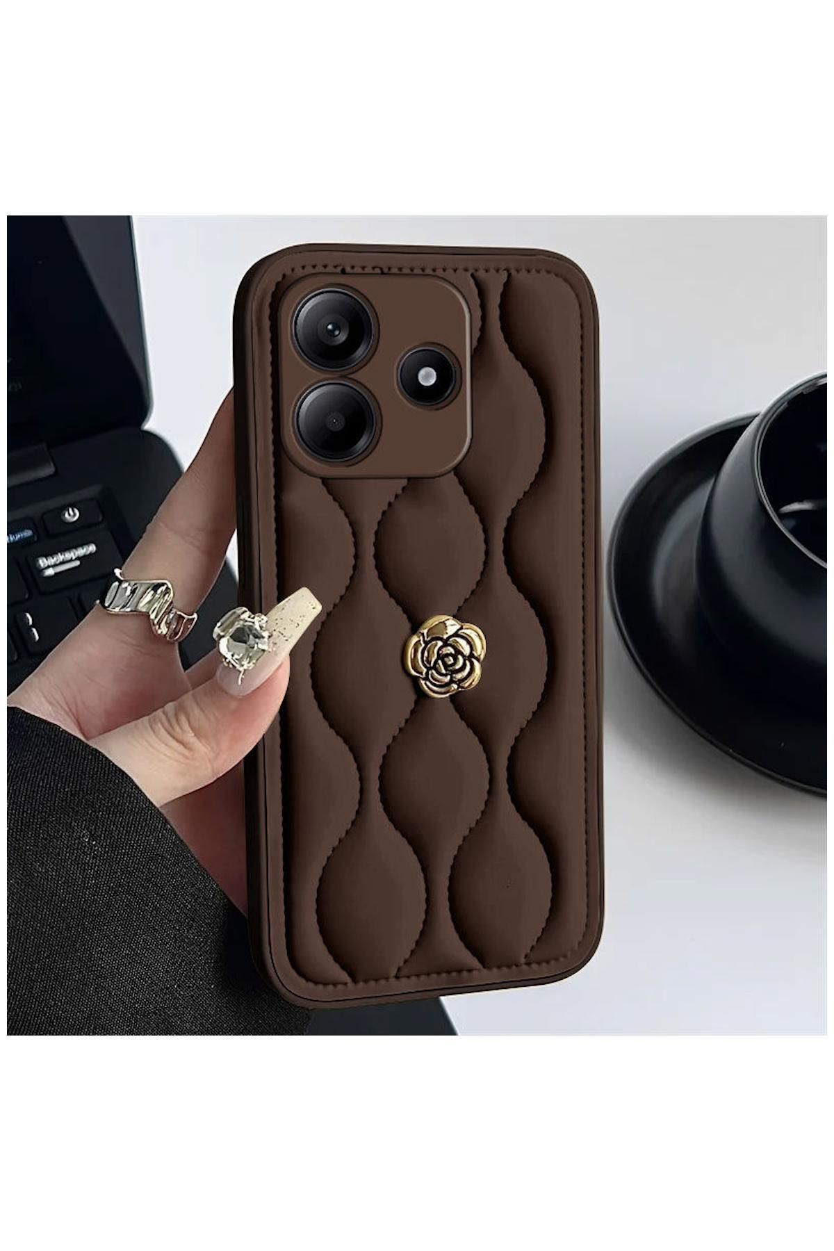 Zebana Xiaomi Redmi Note 14 Uyumlu Kılıf Zebana Camellia Deri Kılıf Kahverengi