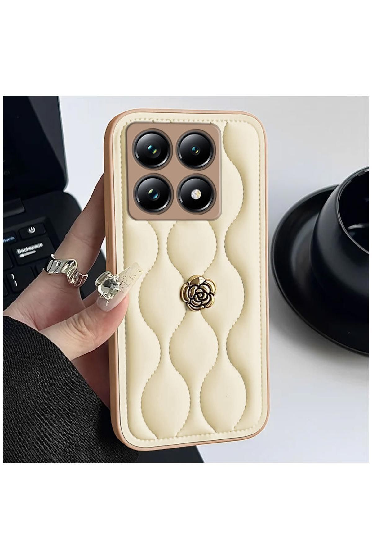 Pro Aksesuar Xiaomi Mi 14T Pro Uyumlu Kılıf Çiçekli Dalgalı Deri Kılıf Bej
