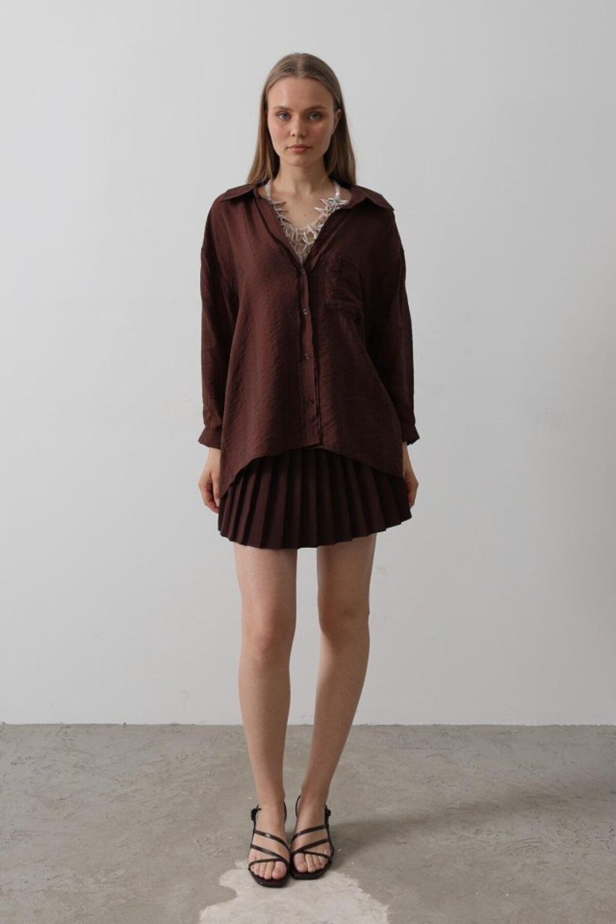 velmorafashion Cepli Oversize Gömlek - Kahve