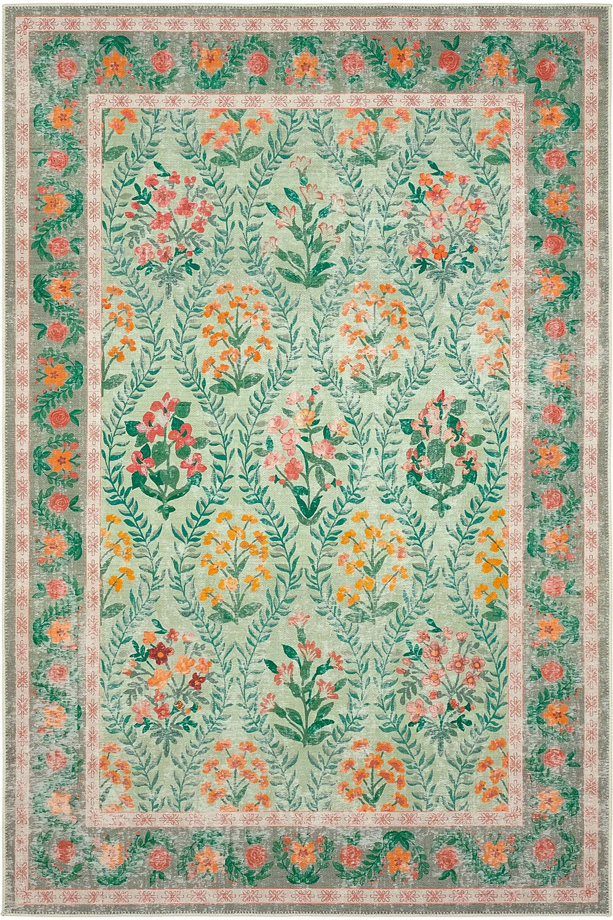 Cool Halı Daisy Su Yeşili Halı Makinede Yıkanabilir Çiçekli Dokuma Şönil Halı Bohem Eskitme Vintage Oda Halısı