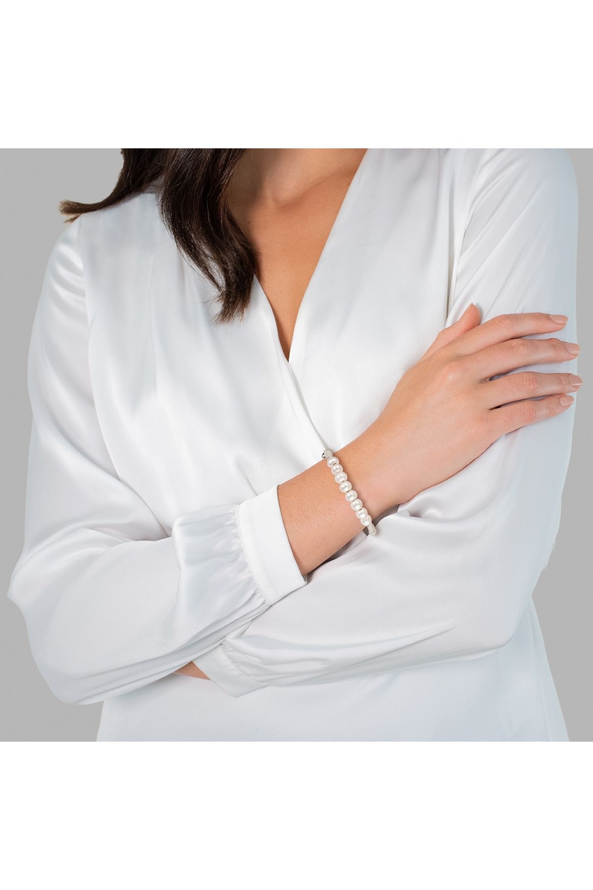 Valero Pearls-Perlenkol bandı Kol Bandı Süßwasser-Zuchtperle weiß Textil (grau) 2