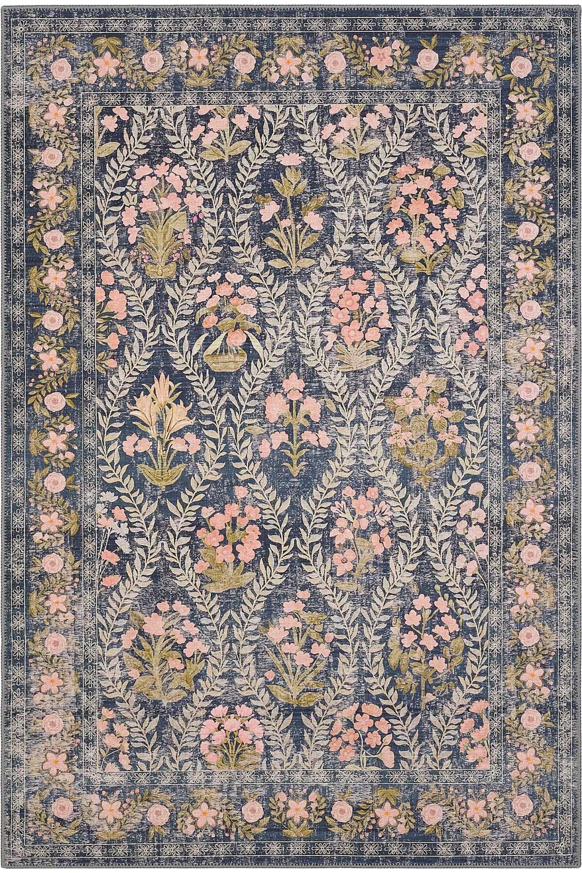 Cool Halı Daisy Kömür Mavi Bohem Halı Makinede Yıkanan Çiçek Desenli Dokuma Şönil Halı Otantik Vintage Halı