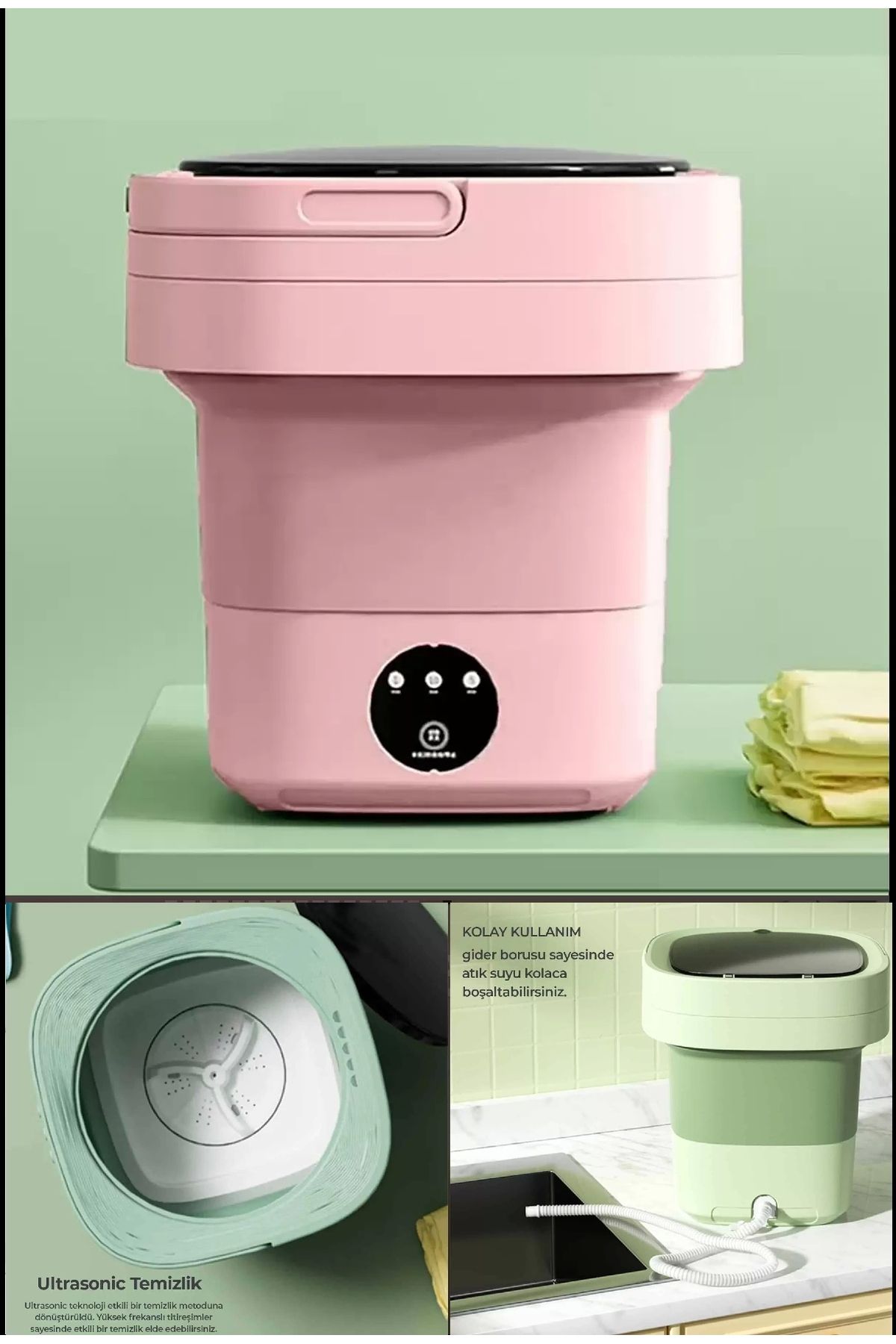Berdina Home Katlanır Mini Çamaşır Makinesi Pembe Taşınabilir Retro Silikon Çorap İç Çamaşırı Yıkayıcı 10 lt