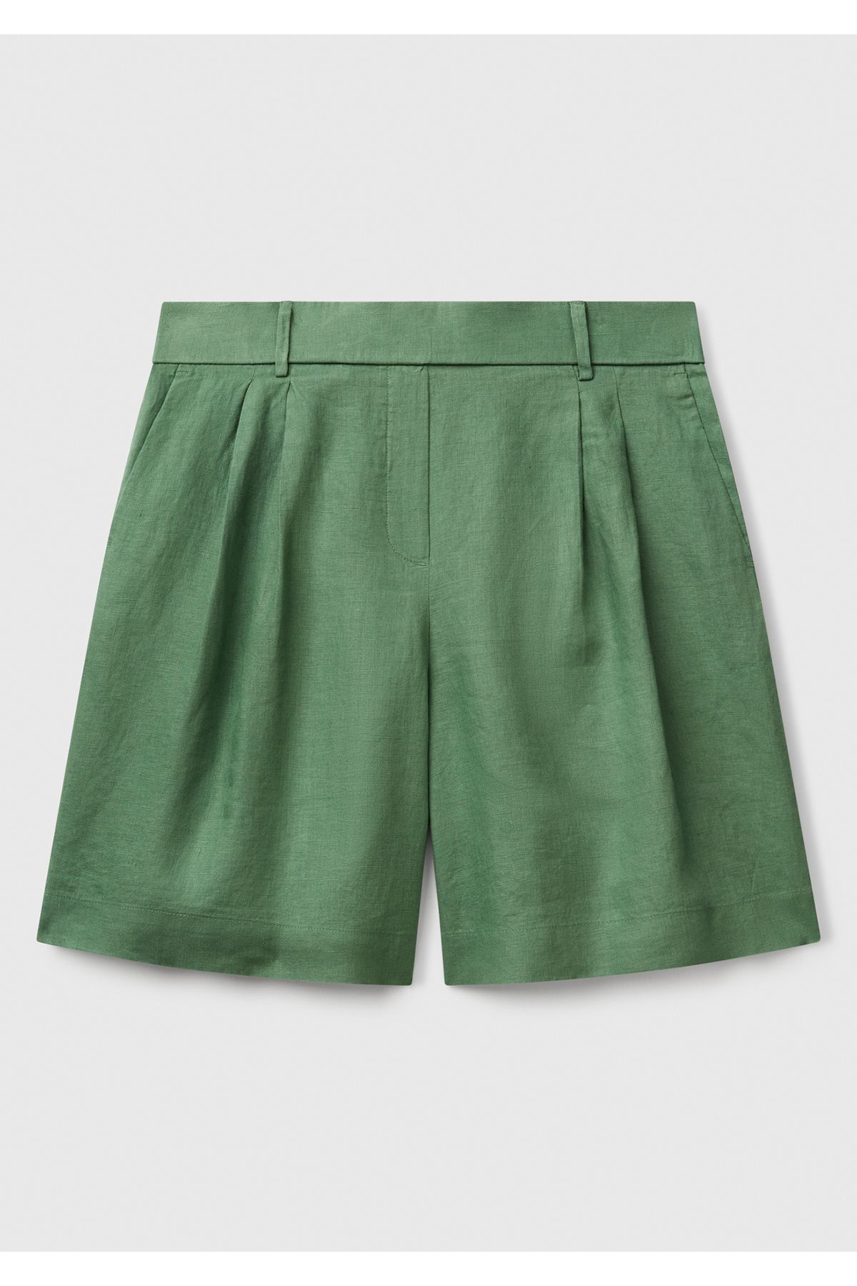United Colors of Benetton Kadın Açık Yeşil %100 Keten Arka Beli Lastikli Pileli Relax Fit Bermuda Şort