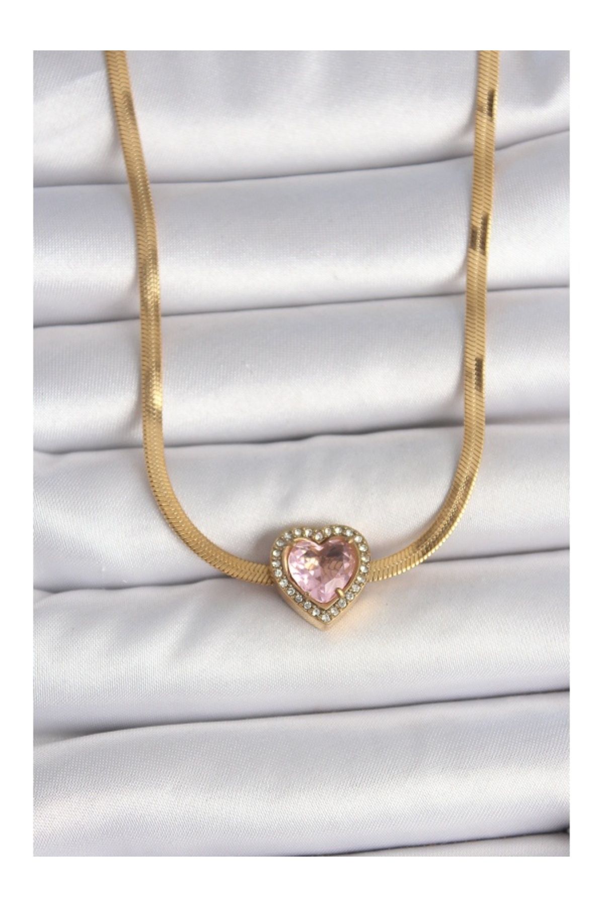 Clariss 316L Çelik Gold Renk İtalyan Zincir Pembe Zirkon Taşlı Kalp Model Kadın Kolye