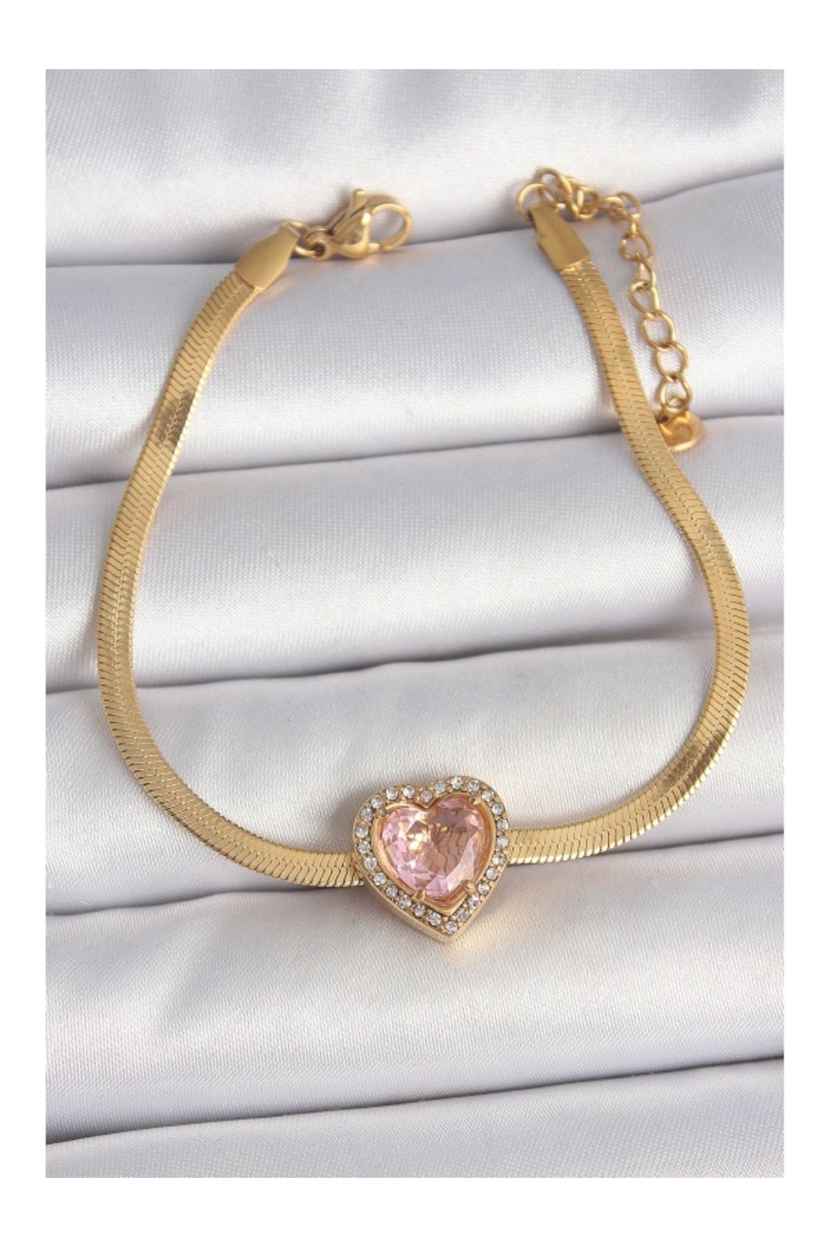 Clariss 316L Çelik Gold Renk İtalyan Zincir Pembe Zirkon Taşlı Kalp Model Kadın Bileklik