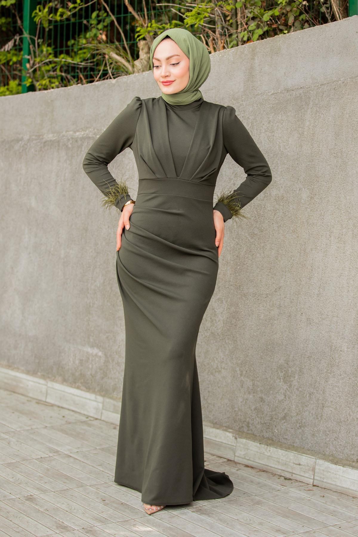 Tesettür Çarşım Rua Tüy ve Drape Detaylı Abiye-Haki