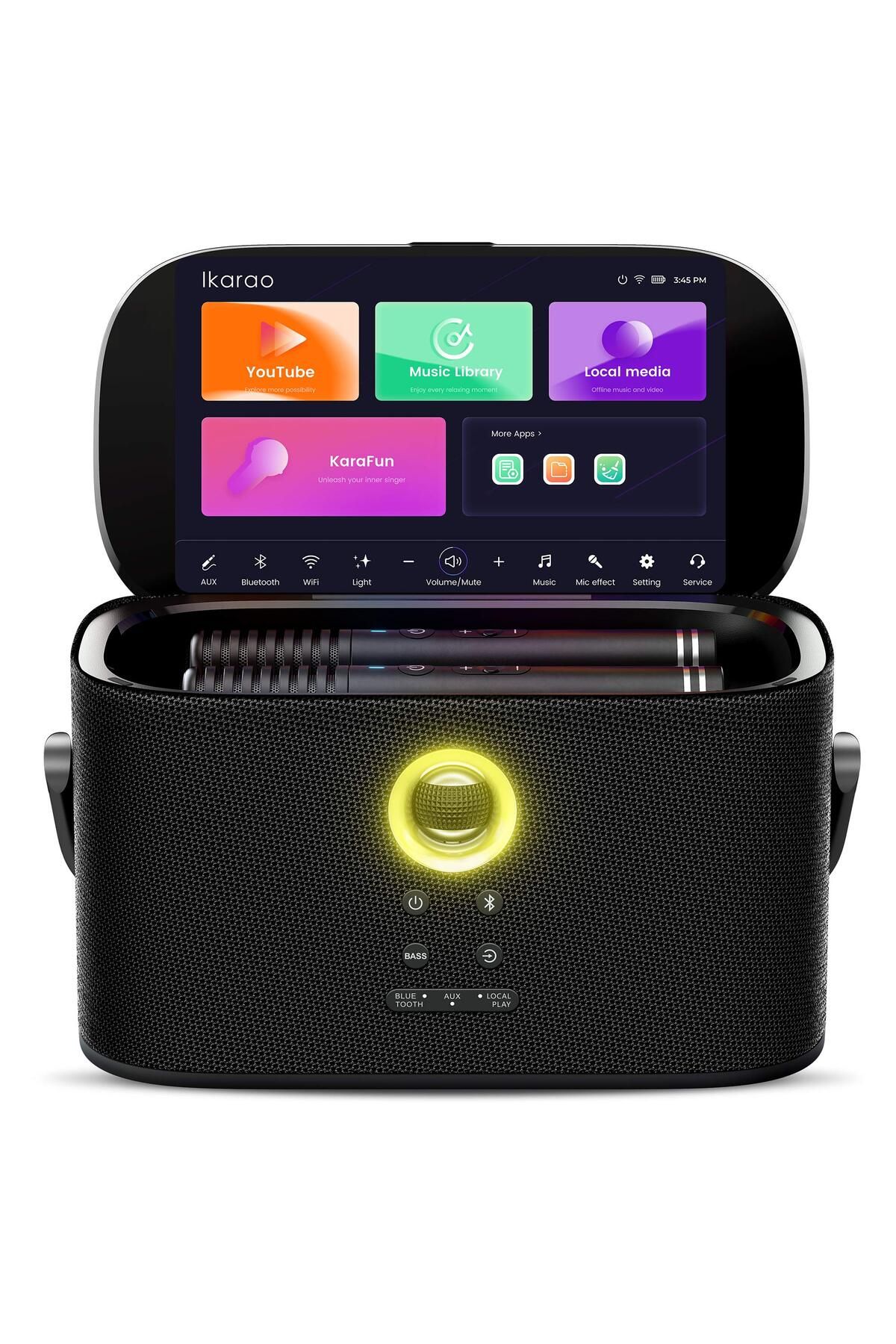 Ikarao Partybox Shell S2 140W Karaoke Bluetooth Hoparlör Seti, 8" Dahili Tablet, 2 Kablosuz Mikrofon
