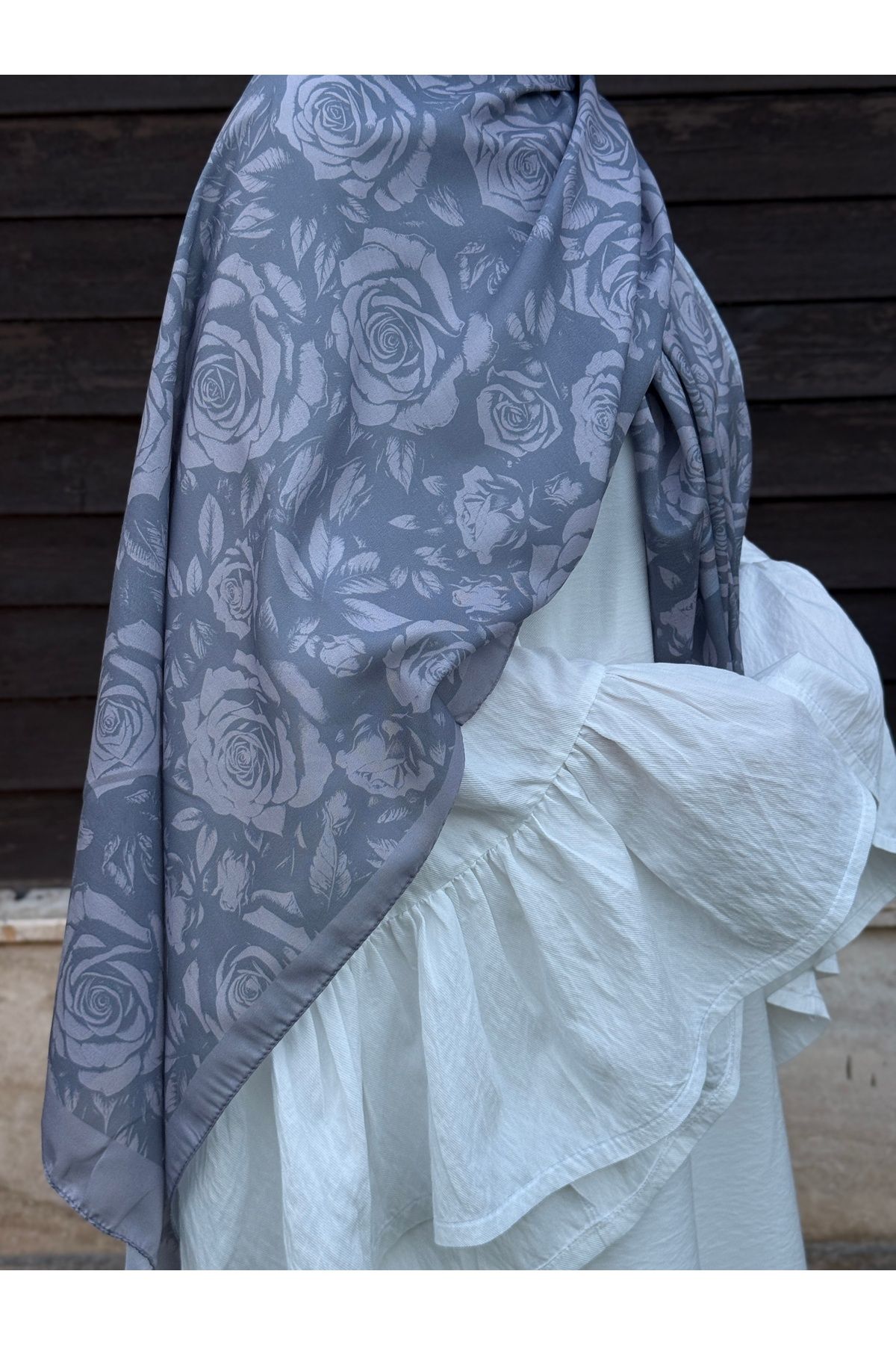 Qalortex Scarf Pamuklu Soft Roza Desen Şal-Gri
