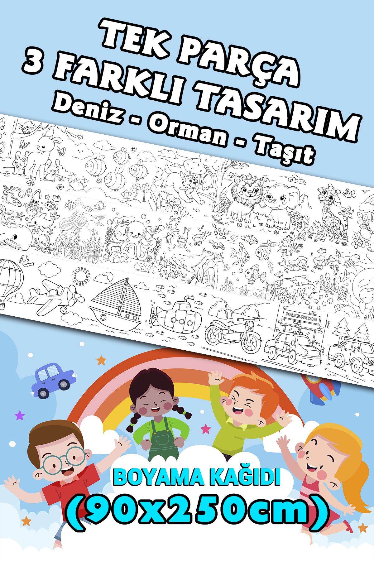 BiWini Tek Parça Taşıt-Orman-Deniz Dev Boyama Kağıdı 90cm*2,5 Metre Rulo- Çocuk Eğitici Boyama