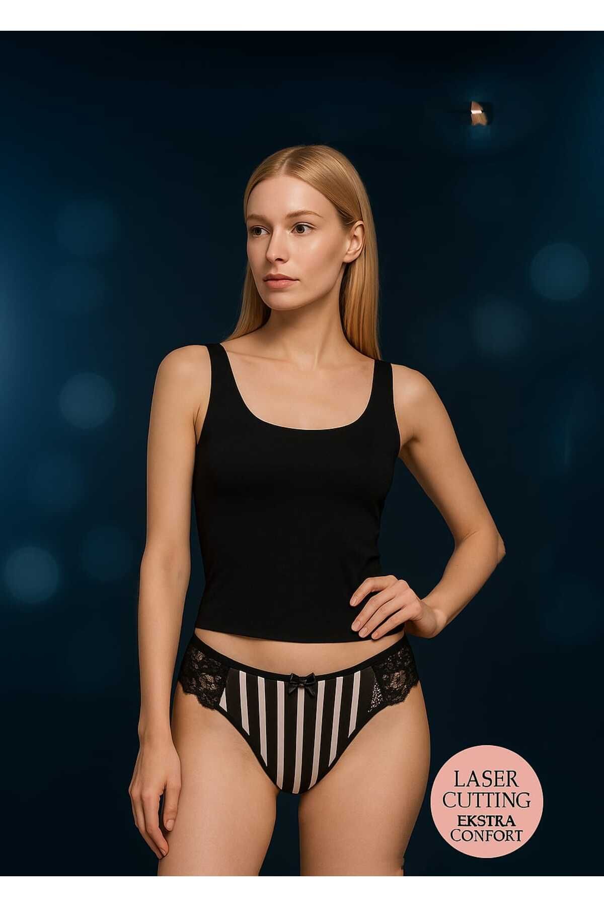 Vanilya Secret Lazer Kesim Iz Yapmaz Çizgili Dantelli Kadın Tanga Külot
