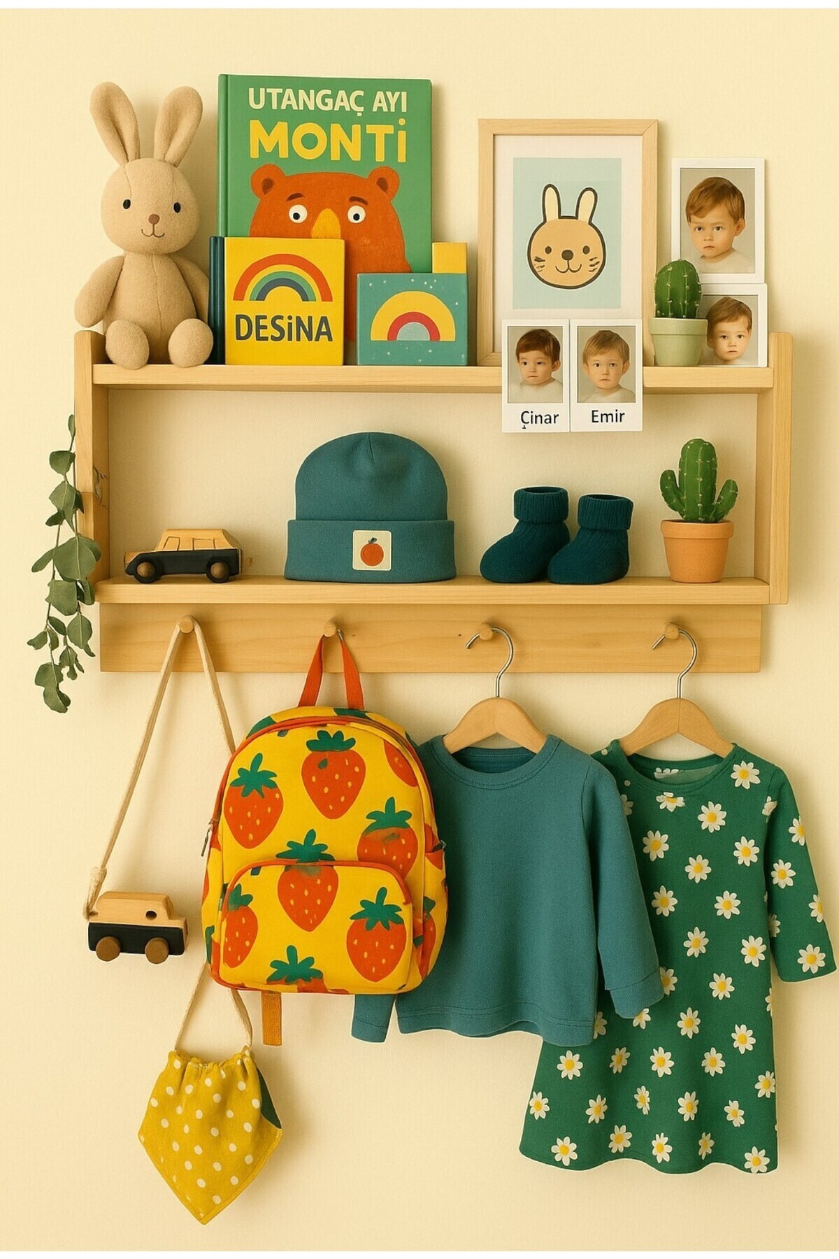 ATÖLYE DÜNYASI Ahşap Askılık Raf Ve Kitaplık Raf Eğitici Montessori Raf