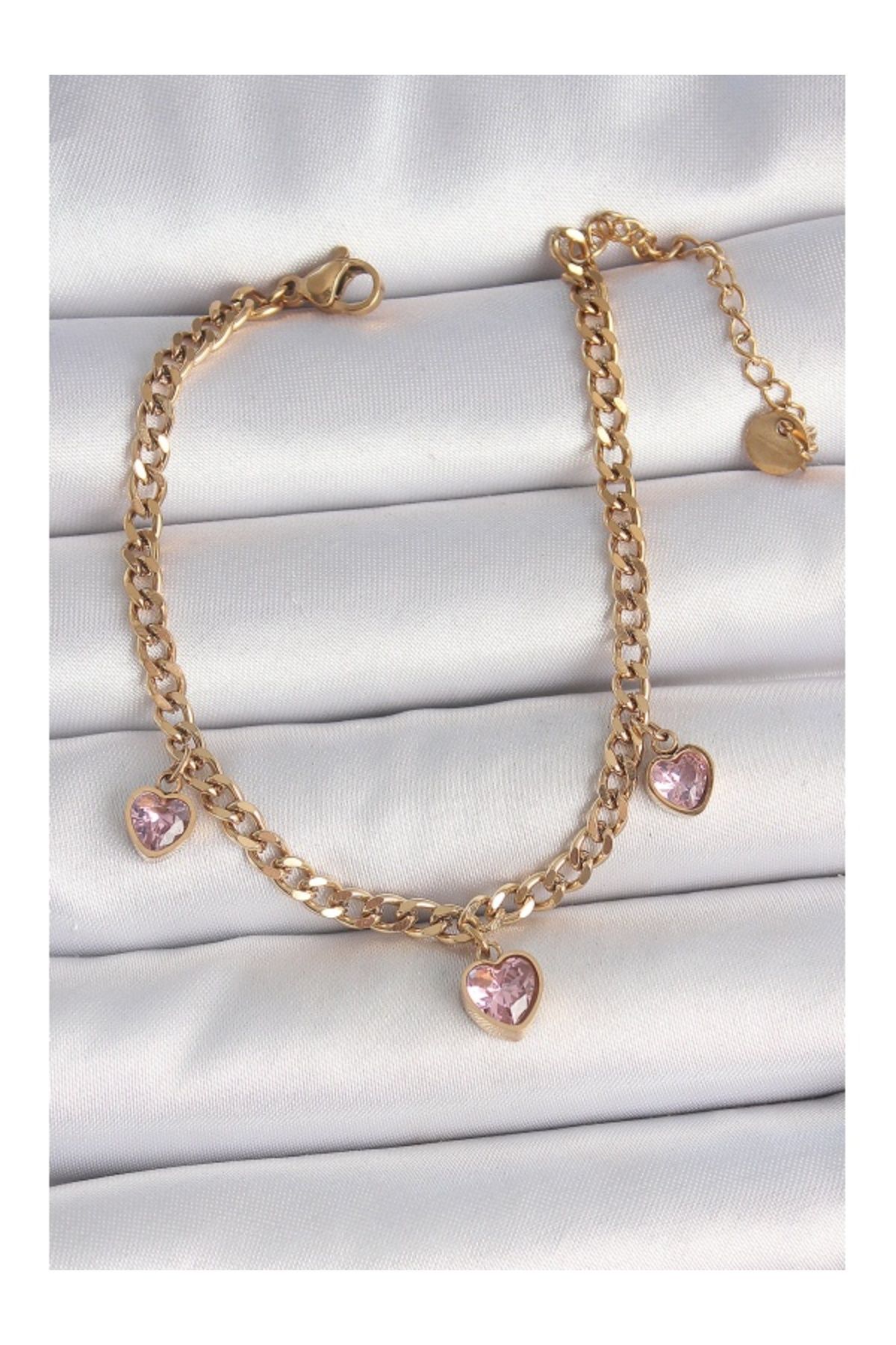 Clariss 316L Çelik Gold Renk Zincir Sallantı Pembe Zirkon Taşlı Kalp Model Kadın Bileklik