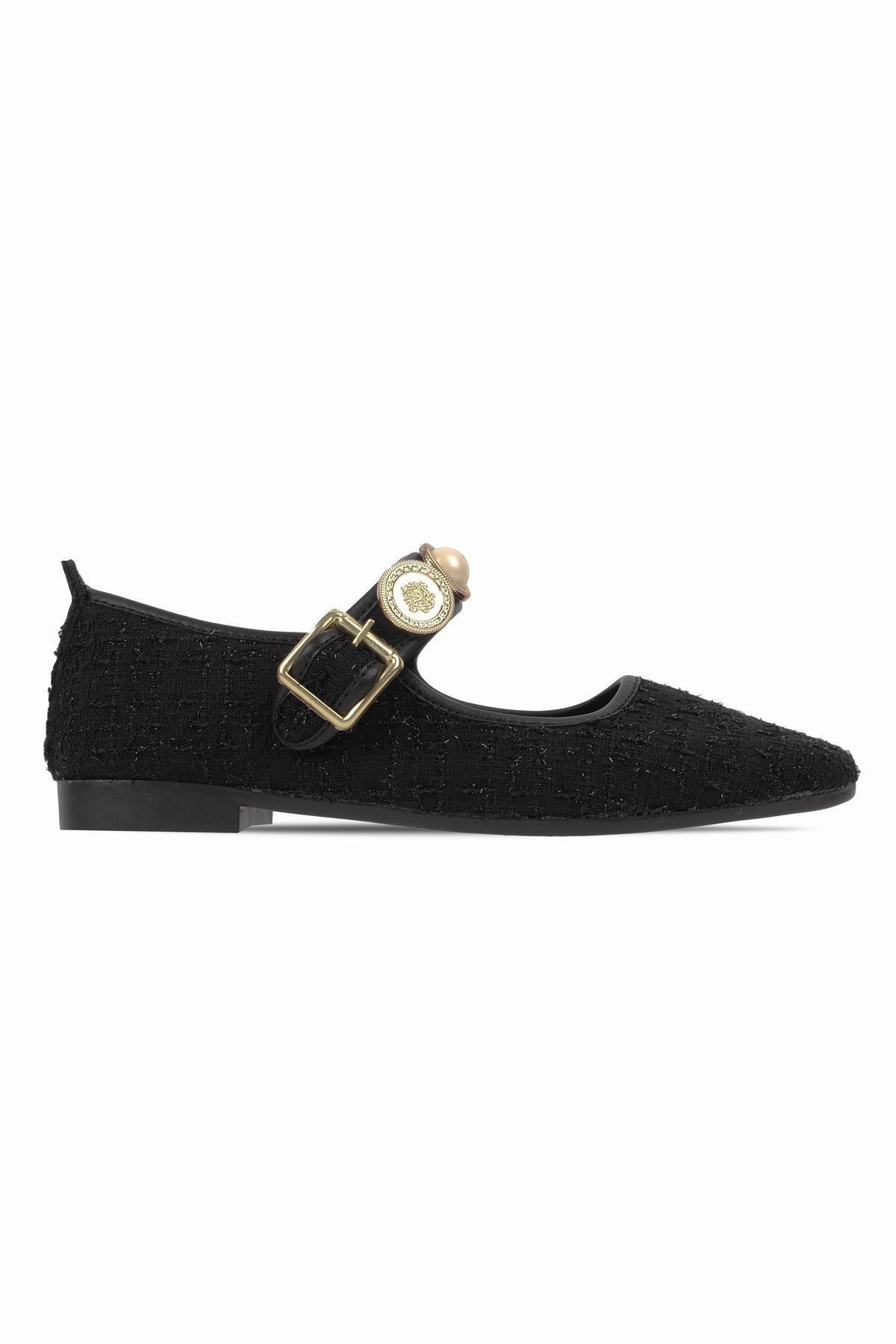 Lal Shoes & Bags Alya Kadın Kumaş Detaylı Gold Tokalı Babet Ayakkabı-siyah