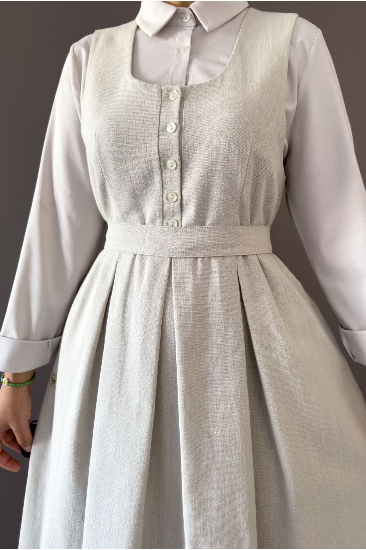 hrmonny keten dümleli jie uzun vintage elbise taş beyaz