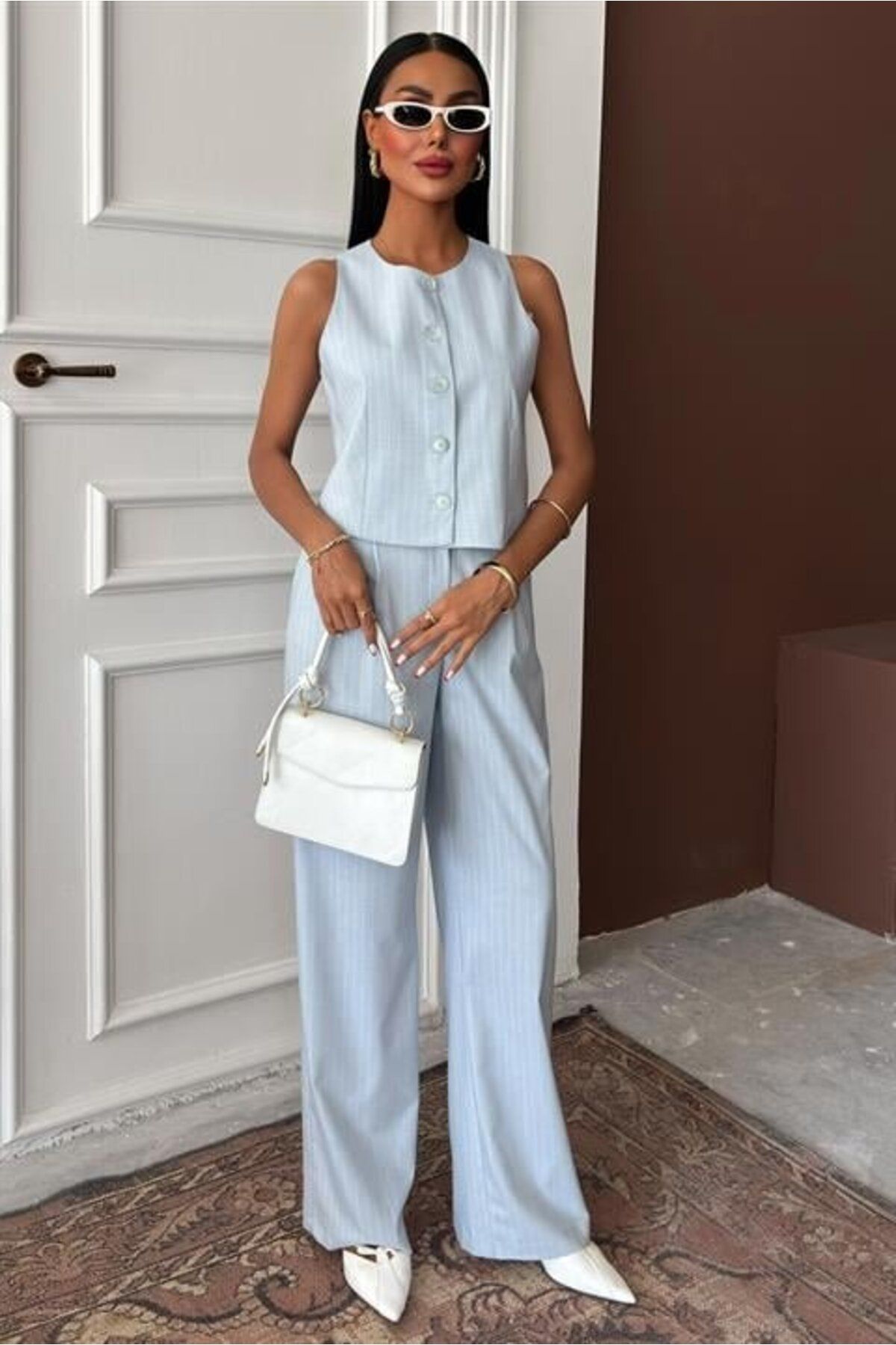 VogueEra Yelek Plazzo Pantolon Çizgili Flamlı Poliviscon Takım 10178