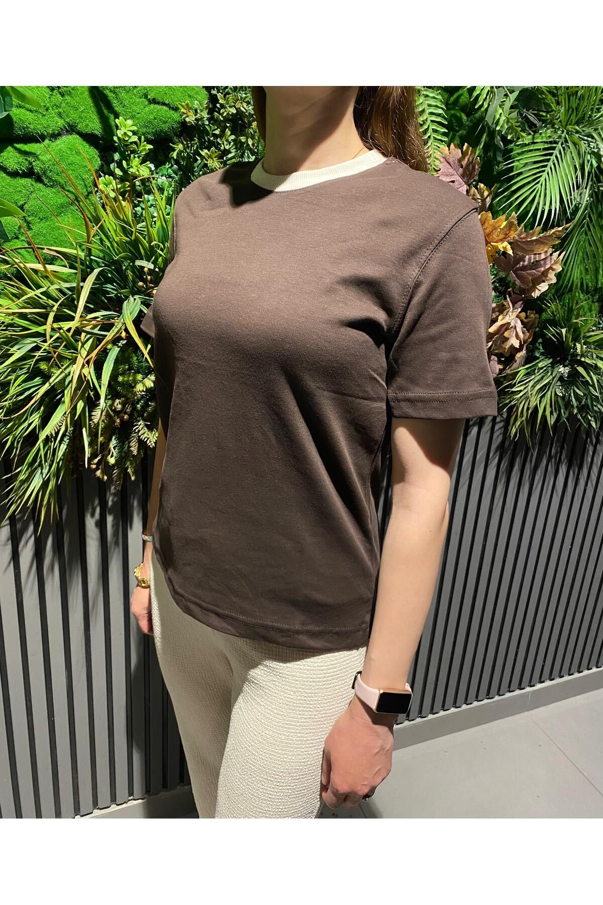 MATILDA Krem Detaylı Bisiklet Yaka Kahve T-Shirt