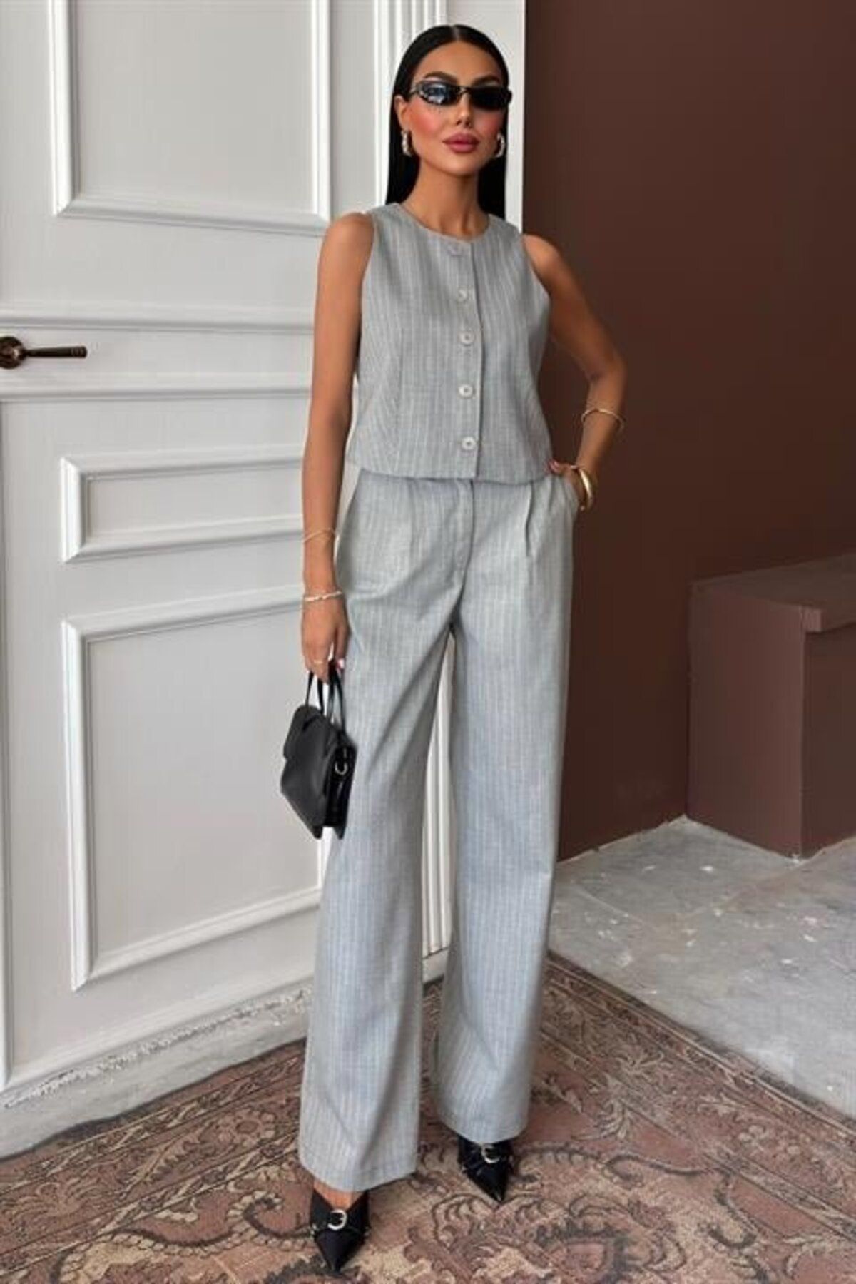Femella Women Fashion Yelek Plazzo Pantolon Çizgili Flamlı Poliviscon Takım 10178