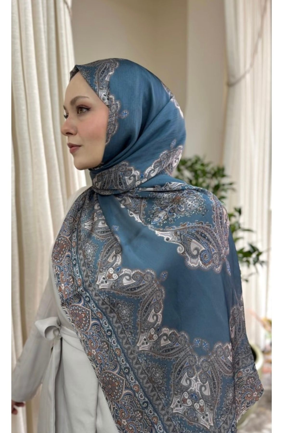 RawelScarf Turkuaz Etnik Desen İpek Şal
