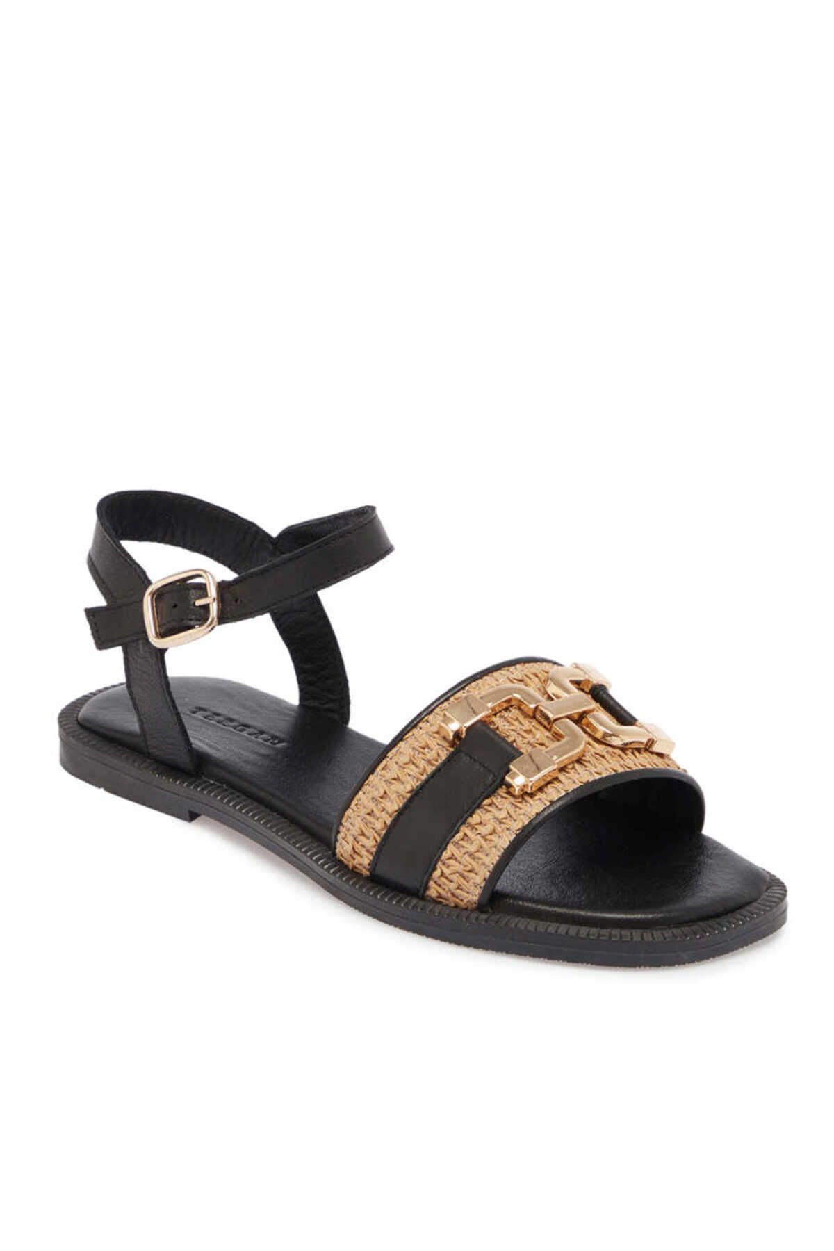Tergan Siyah Deri-Tekstil Kadın Sandalet - K24Y1SN67457-A23
