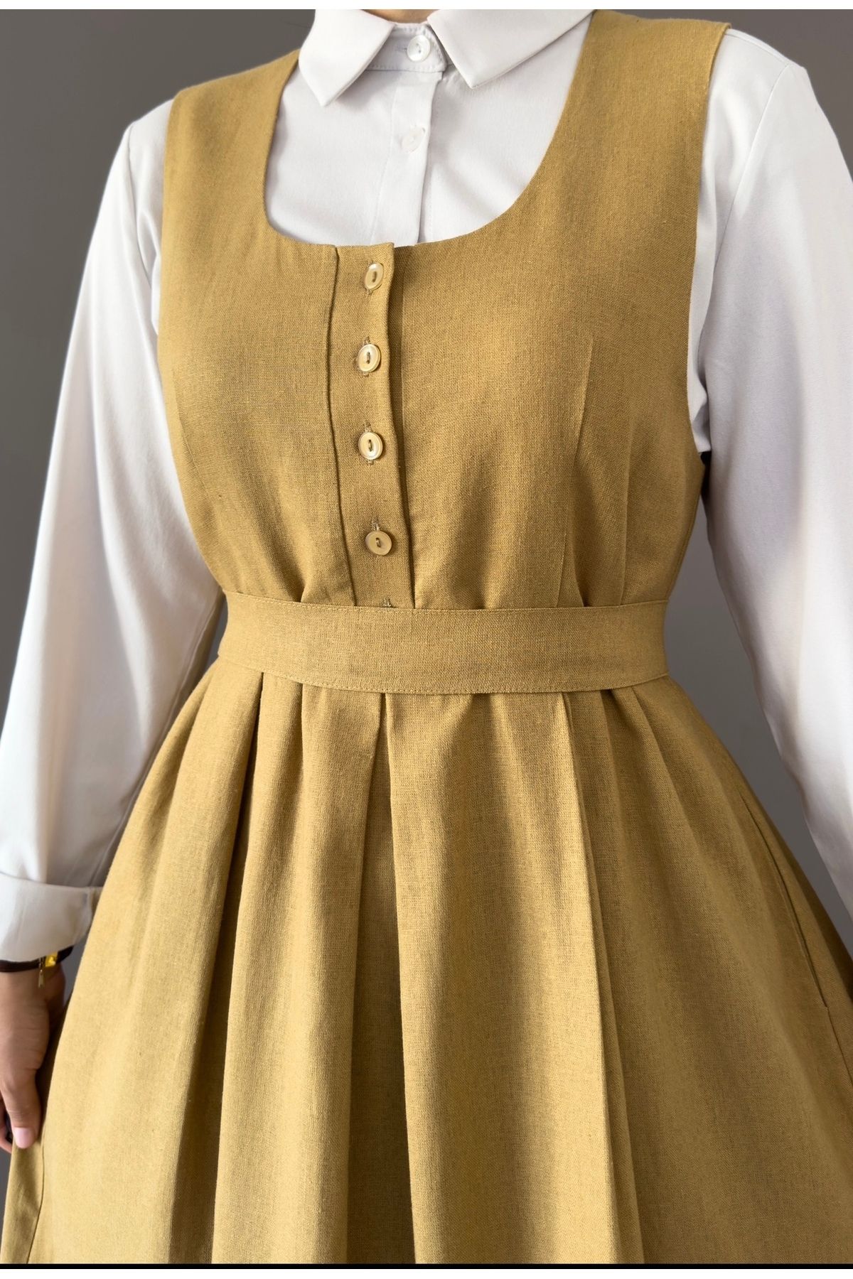 hrmonny keten dümleli jie uzun vintage elbise hardal