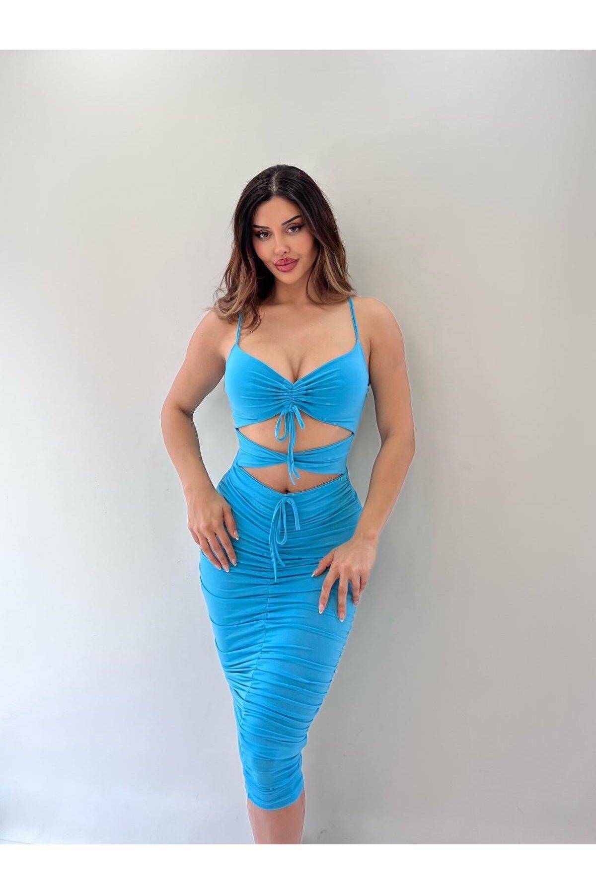 pink life Turkuaz Sandy Kumaş Full Likra Kalem Elbise