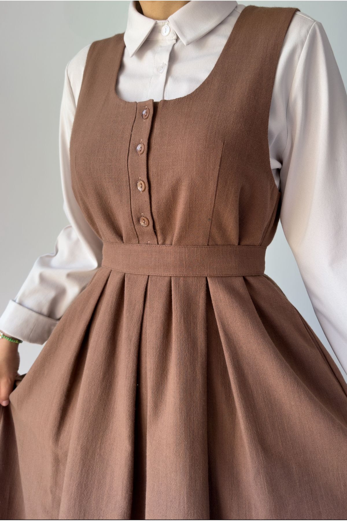 hrmonny keten dümleli jie uzun vintage elbise kahverengi