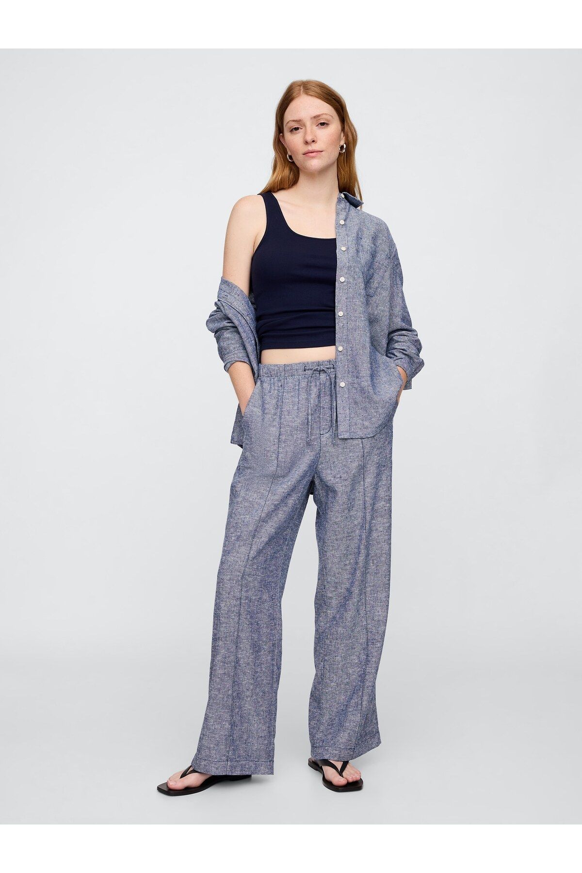 GAP Kadın Mavi Mid Rise Keten Karışımlı Pull-On Wide-Leg Pantolon