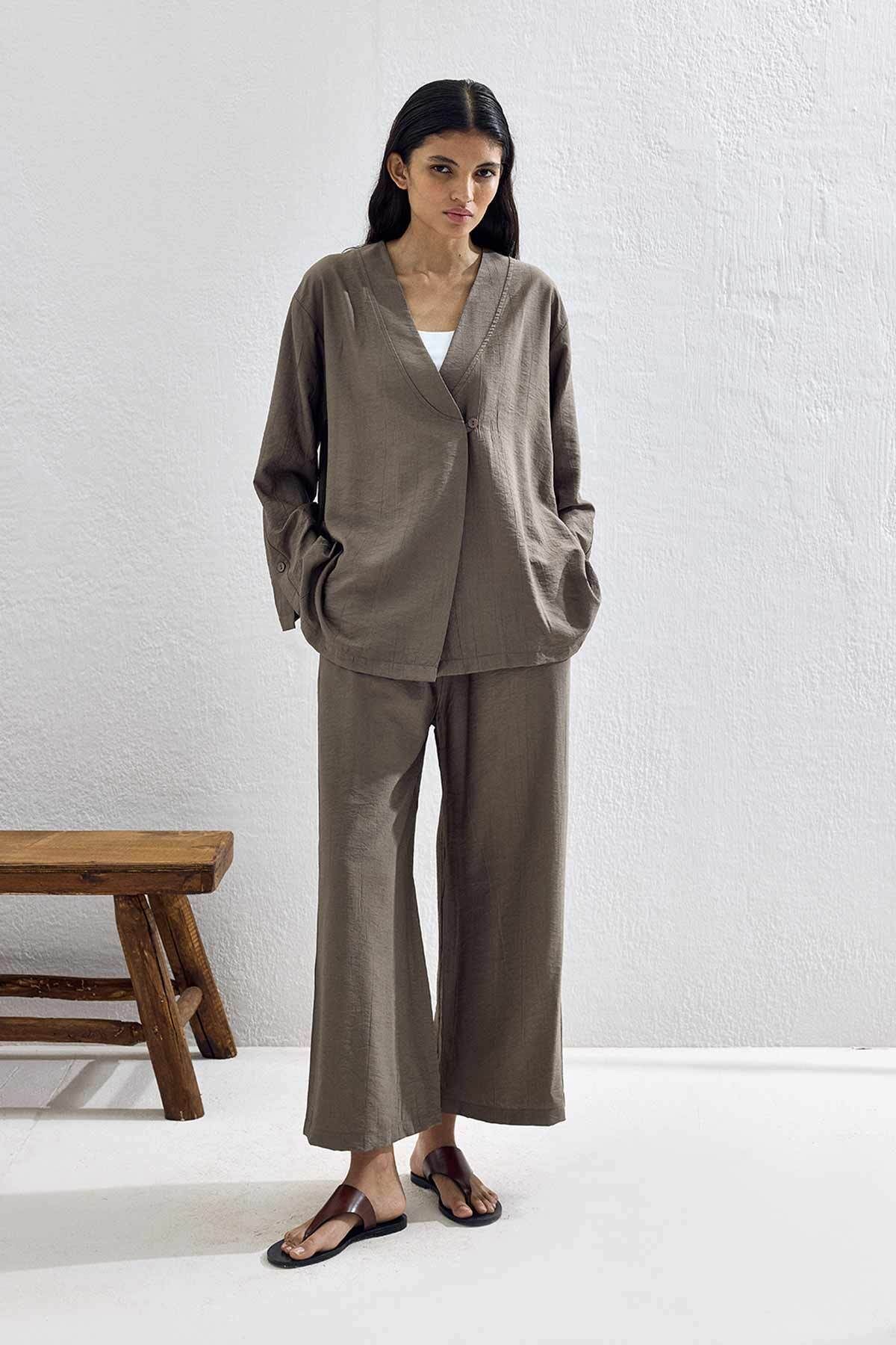 Hooopstore Düğmeli Premium Kimono Koyu Vizon Pantolon Takım