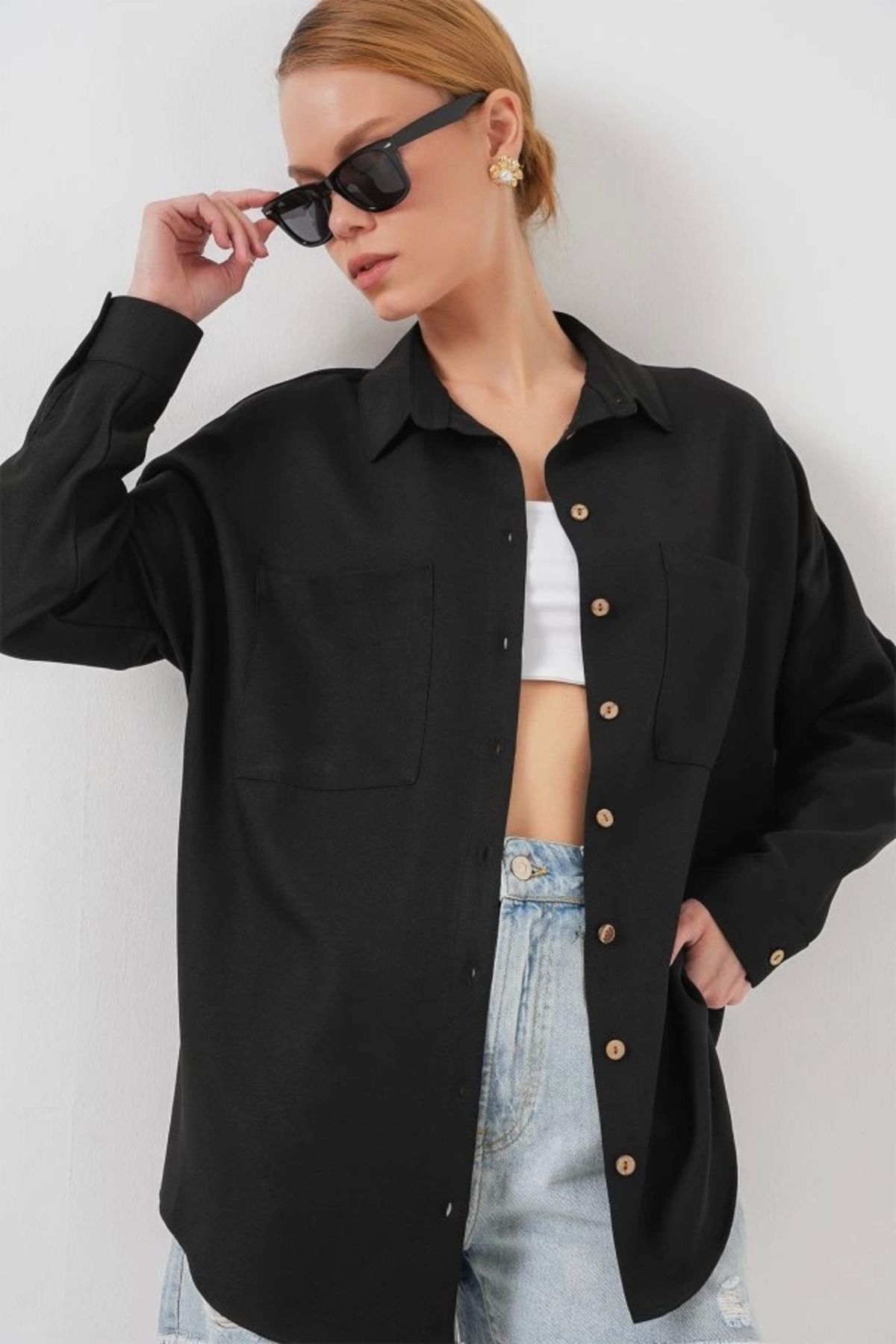 buHillco Kadın Siyah Oversize Keten Gömlek