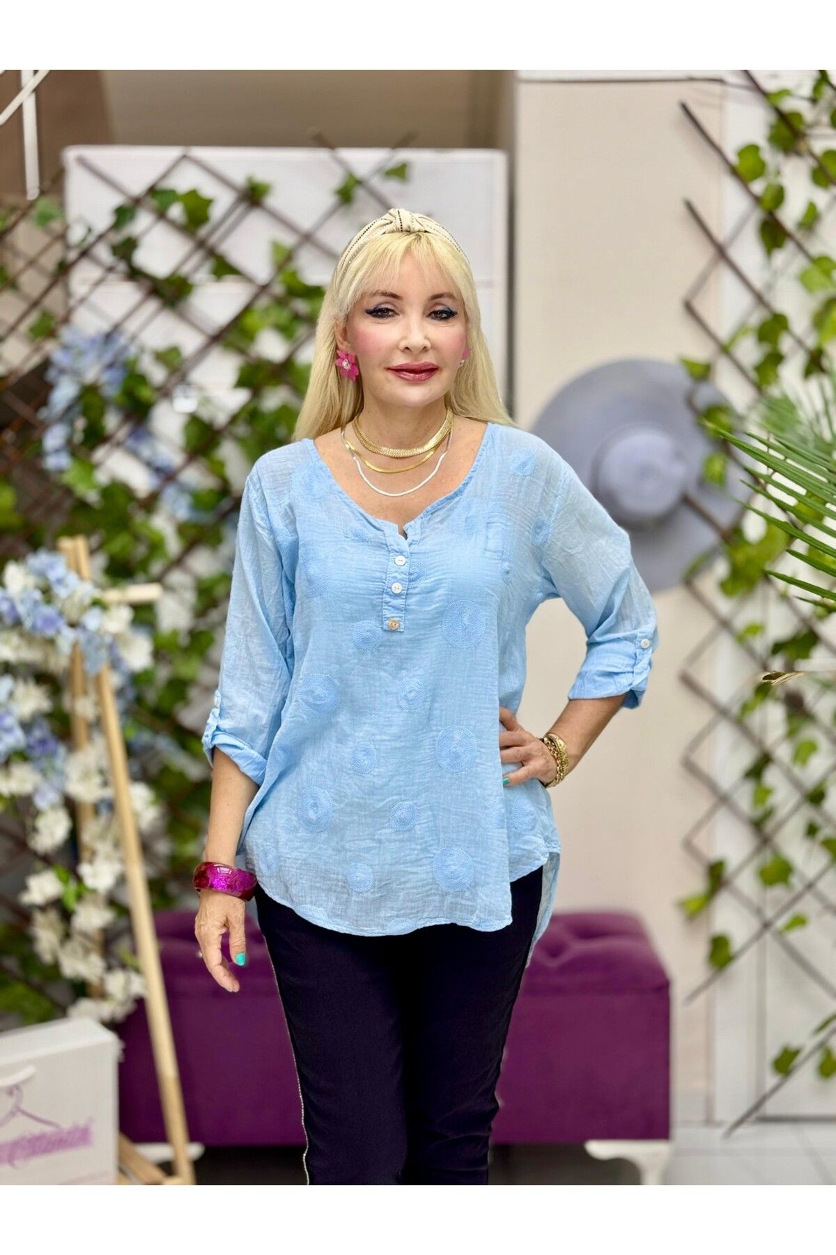 Punta Otantik YG2033 İtalyan Güpürlü Coton Bluz Mavi