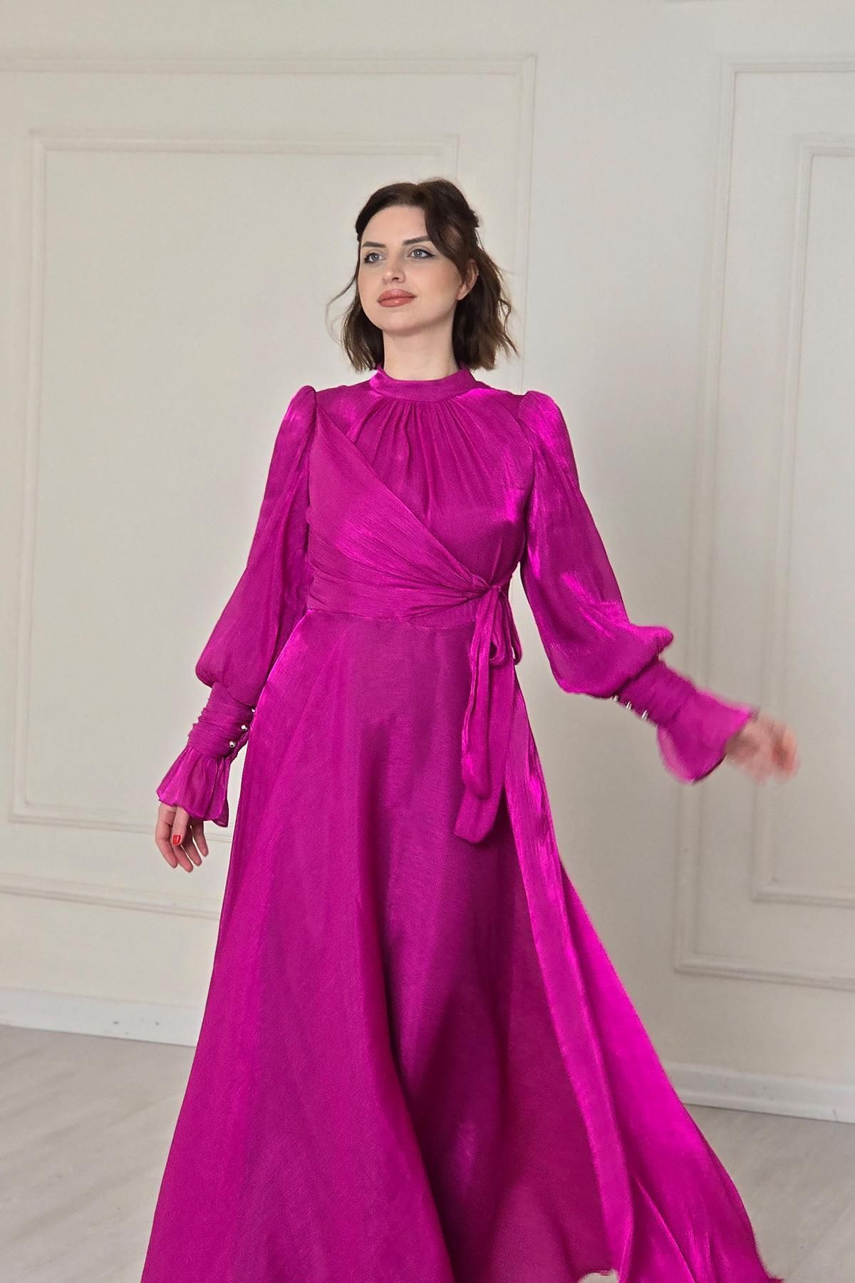 Yonca Moda Evi Fuşya Ön Detaylı Kollar Fırfırlı Abiye 4805